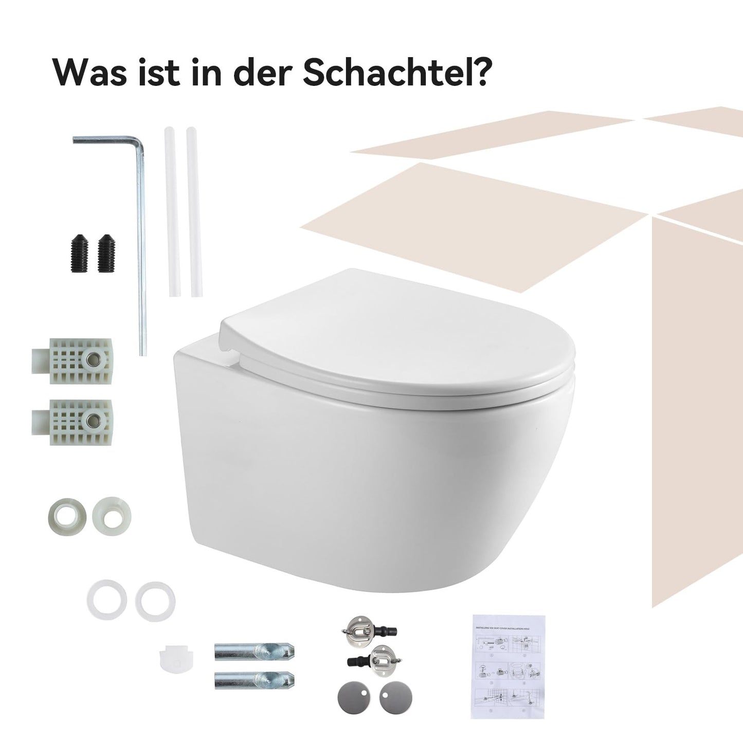 HOROW Wand WC Keramik Hänge WC Set Toiletten mit abnehmbaren Deckel sitz mit Absenkautomatik Hängetoilette, D-Form, kompakte Design Toilette Gästebad