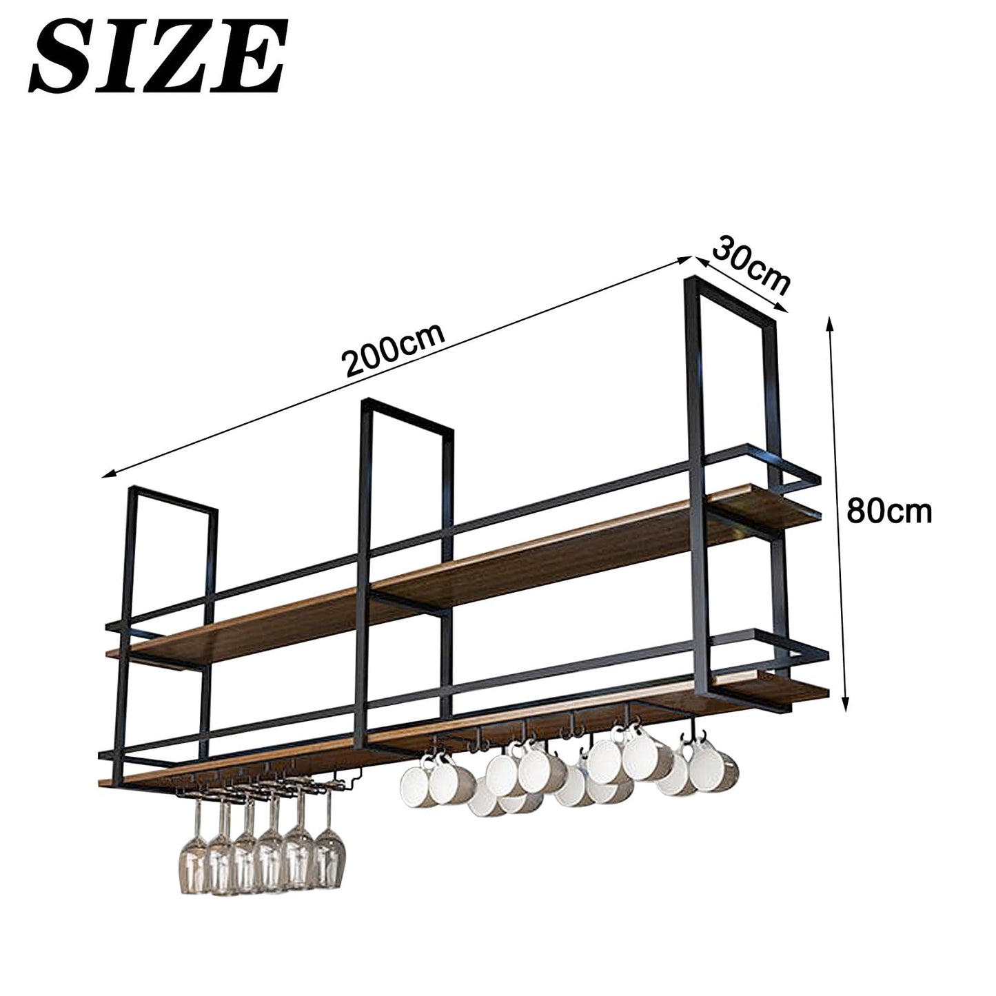 KEPMOGOH Deckenregal Weinregal mit Glashalter, Schwebendes Hängeregal 2-Lagiger Industrieller Hängender Weinflaschenhalter, Schwarzes Metall-Deckenregal für Bar-Café-Küche (Schwarz, 160×30×80cm)
