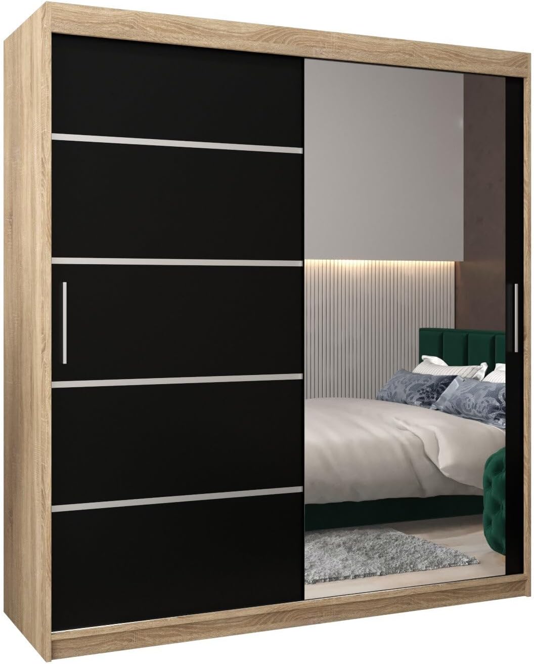 MEBLE KRYSPOL Kleiderschrank mit Spiegel Verona 2 - Garderobenschrank - Schrank Schlafzimmer - Mehrzweckschrank DREI Schiebetüren - Regalen - Flur Möbel - Kleiderstange Schrank - Allzweckschrank