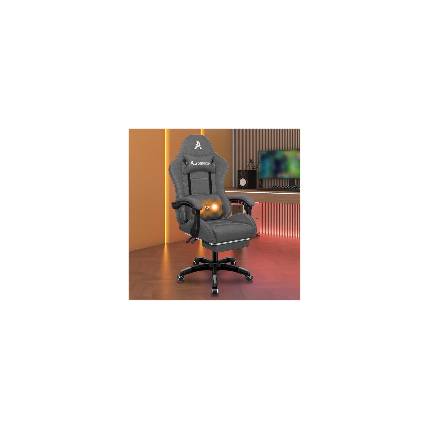 ALFORDSON Gaming-Stuhl mit Massage-Lendenwirbelkissen, ergonomischer Gamer-Racer-Stuhl mit Verstellbarer Rückenlehne, Drehstuhl mit Fußstütze, höhenverstellbar, Schwarz