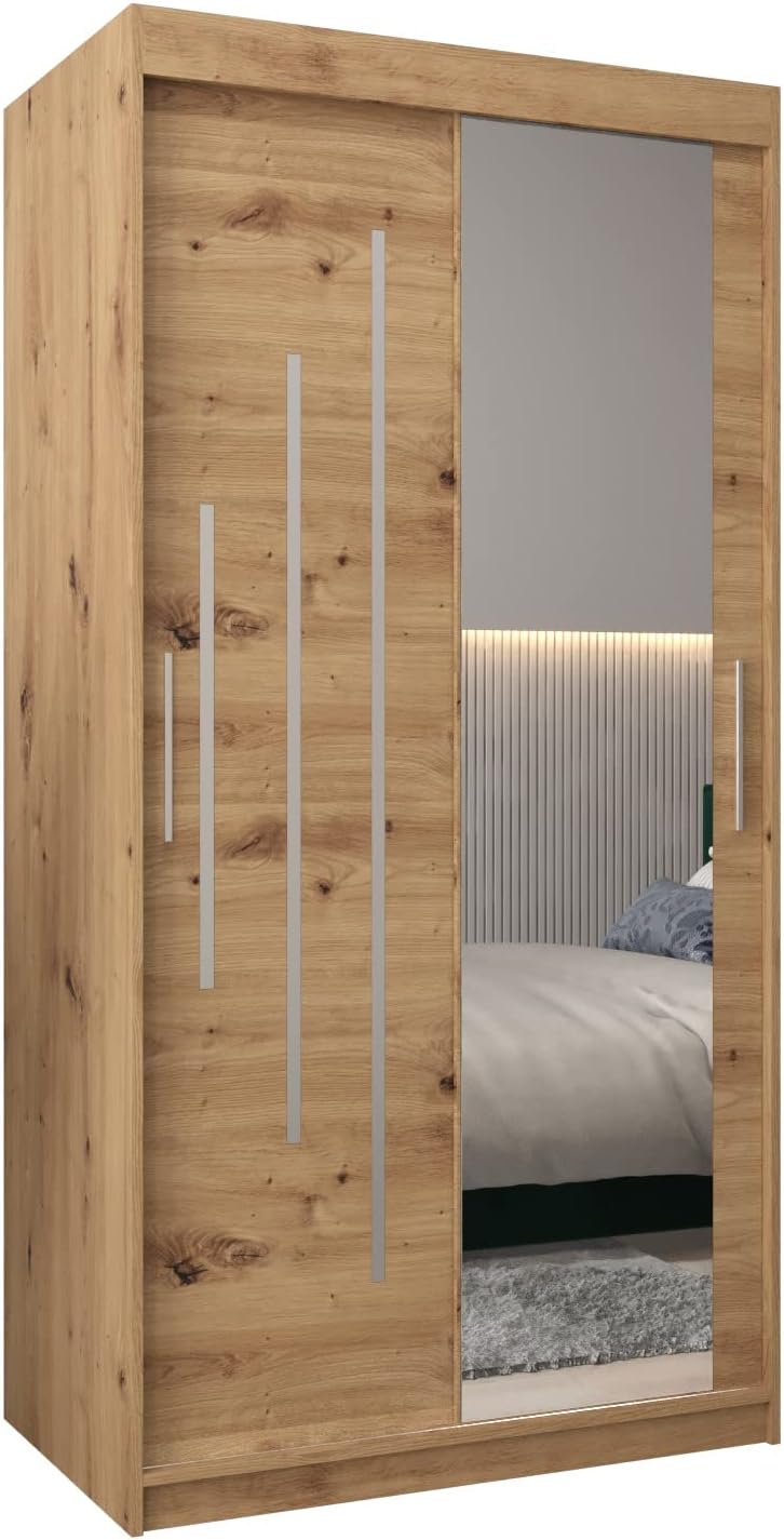 MEBLE KRYSPOL Kleiderschrank mit Spiegel York 2 - Garderobenschrank - Schrank Schlafzimmer - Mehrzweckschrank Zwei Schiebetüren - Regalen - Flur Möbel - Kleiderstange Schrank - Allzweckschrank