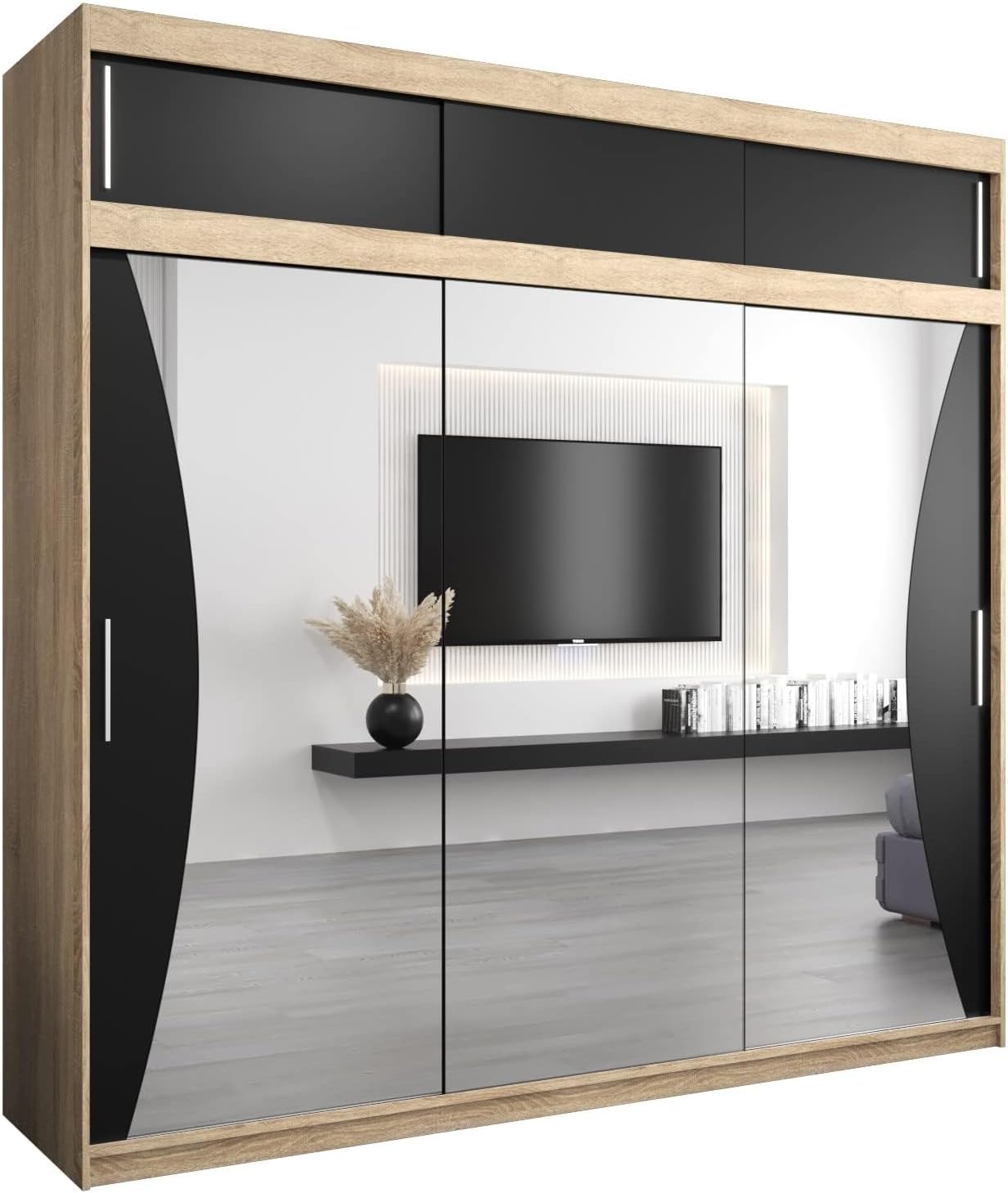 MEBLE KRYSPOL Kleiderschrank mit Spiegel Monaco - Garderobenschrank - Schrank Schlafzimmer - Mehrzweckschrank DREI Schiebetüren - Regalen - Flur Möbel - Kleiderstange Schrank - Allzweckschrank