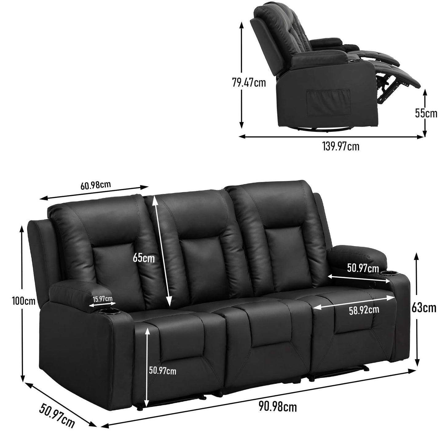 COMHOMA Relaxsessel-Set, Sofa, Sofa-Set aus Kunstleder, Fernsehsessel Ruhesessel Liegesessel mit Liege-Funktion Polstersessel Schlafsessel für Wohnzimmer Schlafzimmer Heimkino,Schwarz, 3+2+1