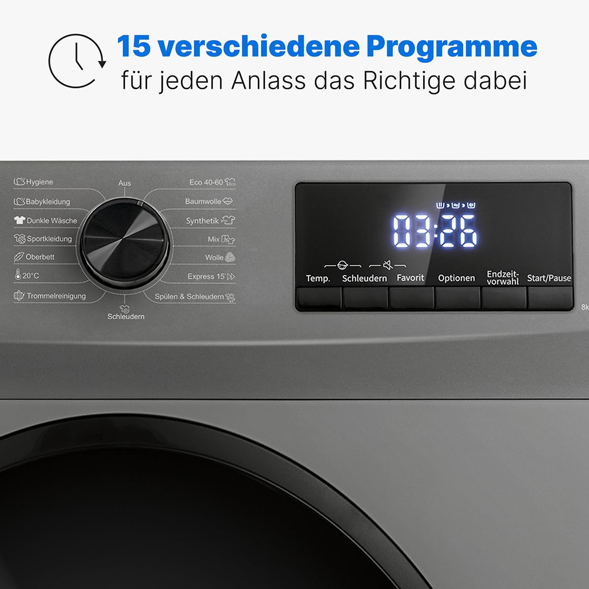 Bomann® Washing Machine 8 kg | Max. 1400 rpm | Robust, Quiet & Durable Inverter Motor | 15 Washing Programmes | LED Display | with Steam Function | WA 7185 Titanium - Black