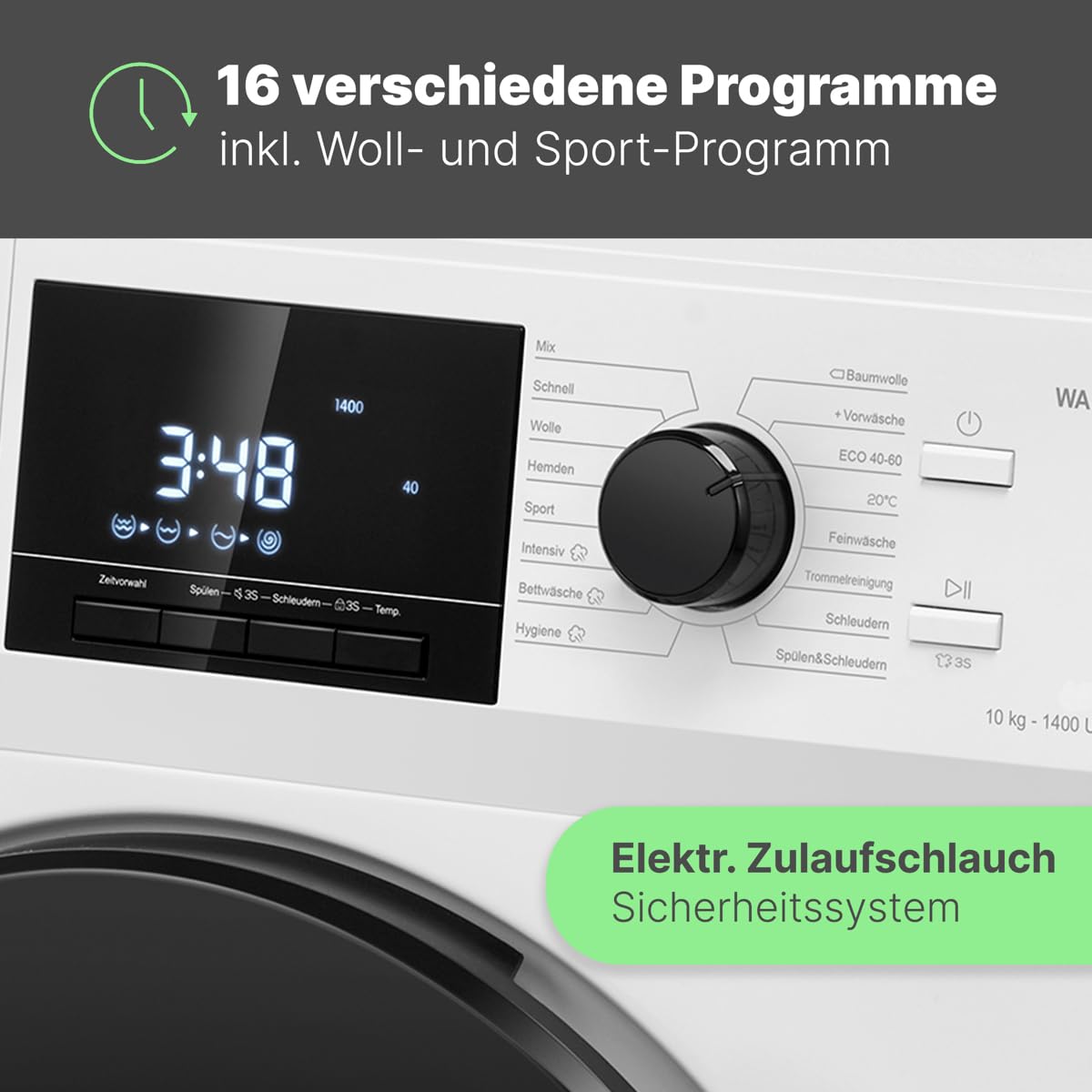 Bomann® Waschmaschine 10kg | max. 1400 U/min | 16 Programme | Bürstenloser DC-Motor: effizient, leise und langlebig | Endzeitvorwahl | Zulaufschlauch-Sicherheitssystem | Washing Machine | WA 7111