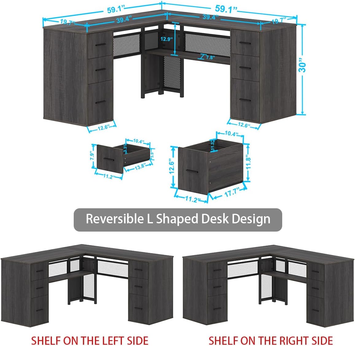 HSH - Black L Shape Corner Desk with Filing Drawers and Shelves, Reversible Corner Desk Made of Metal and Wood with Storage Cabinets