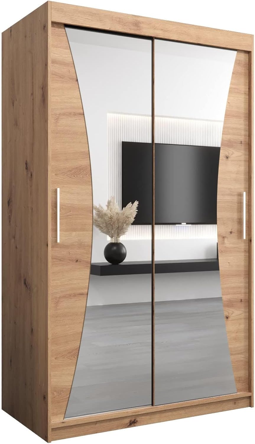 MEBLE KRYSPOL Kleiderschrank mit Spiegel Monaco - Garderobenschrank - Schrank Schlafzimmer - Mehrzweckschrank DREI Schiebetüren - Regalen - Flur Möbel - Kleiderstange Schrank - Allzweckschrank