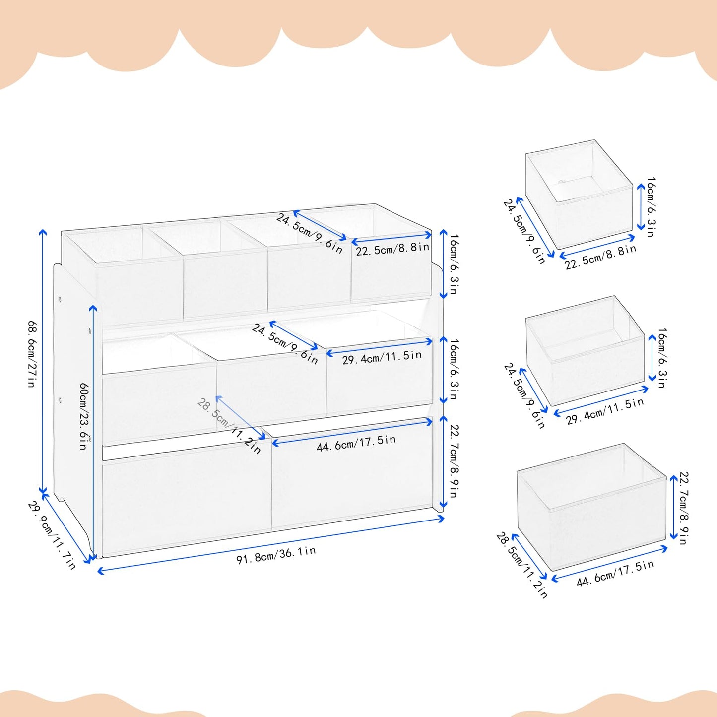 Lestarain Kinderregal mit 9 Aufbewahrungsboxen, Spielzeugregal, Regal Kinderzimmer Spielzimmer, Kinderregal, 63x60x30 cm, Weiß