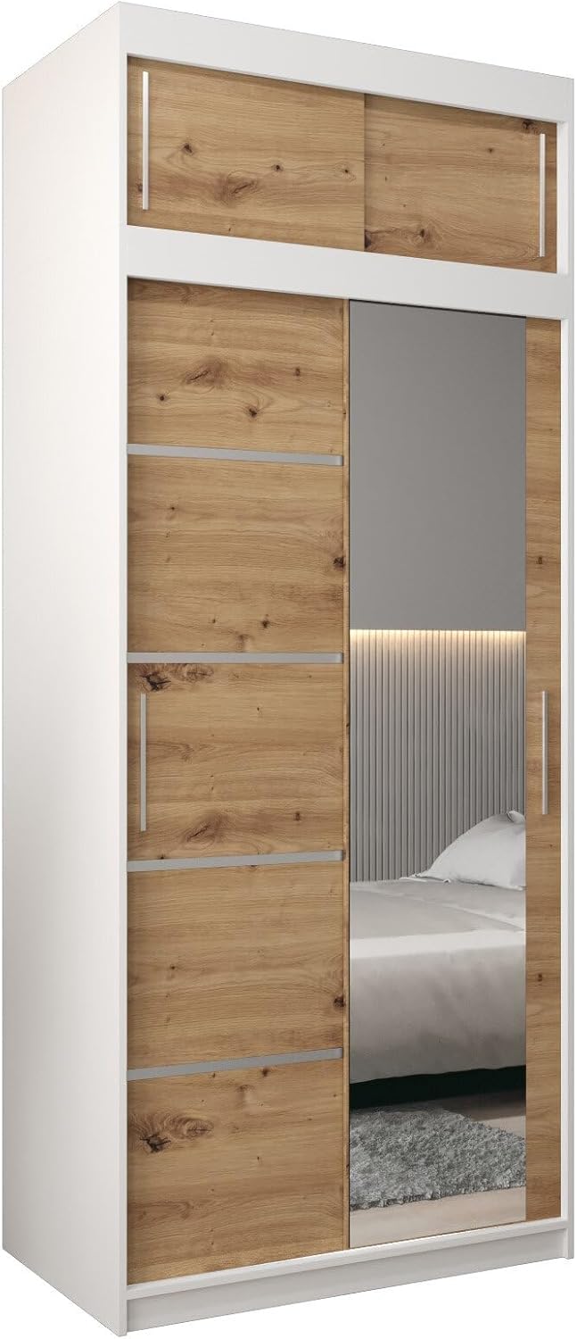 MEBLE KRYSPOL Kleiderschrank mit Spiegel Verona 2 - Garderobenschrank - Schrank Schlafzimmer - Mehrzweckschrank DREI Schiebetüren - Regalen - Flur Möbel - Kleiderstange Schrank - Allzweckschrank