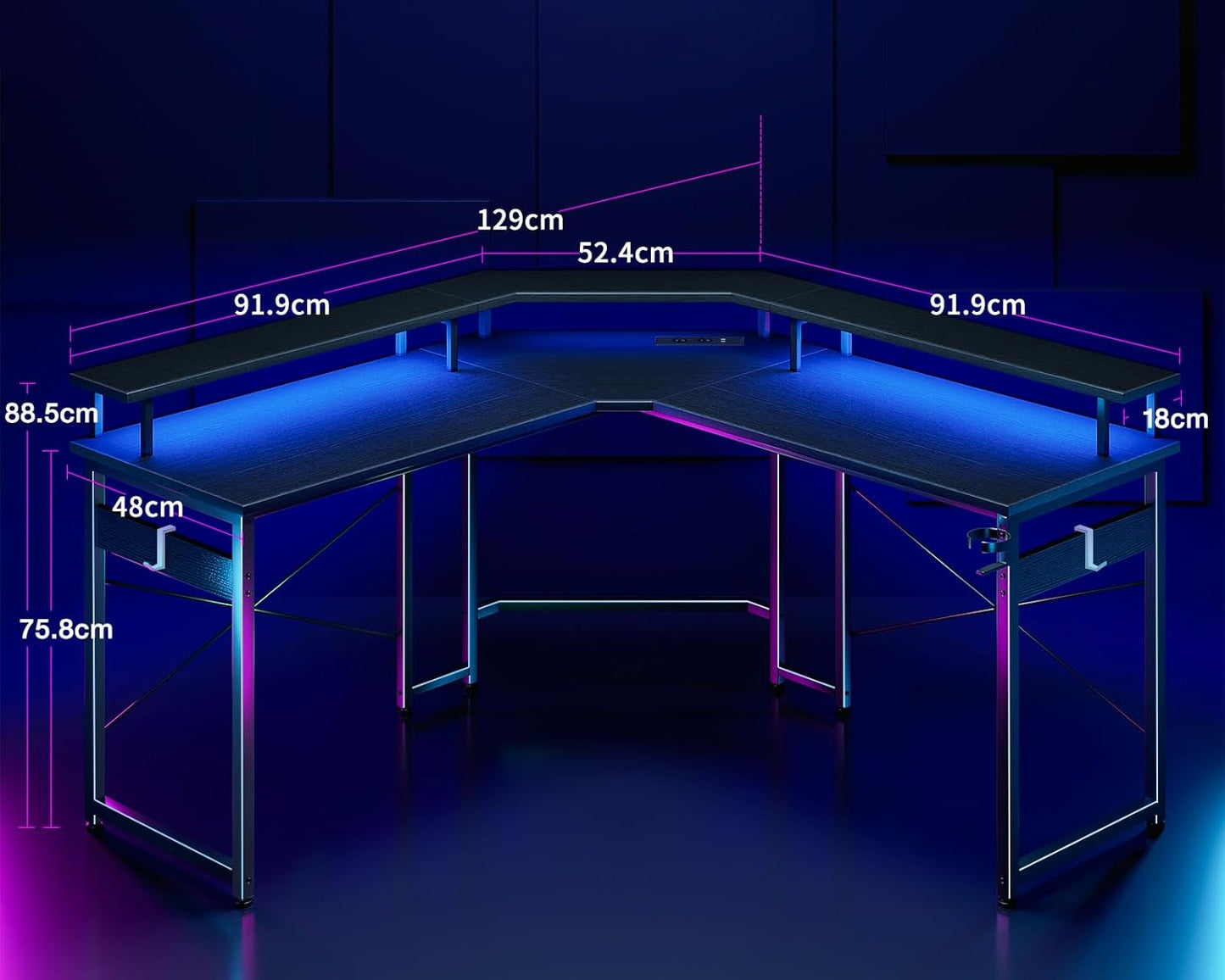 ODK Gaming Tisch mit LED, Gaming Schreibtisch mit 2 Steckdosen und 2 USB Ladeanschluss, PC Tisch Gaming mit großzügiger Monitorablage, Gamer Schreibtisch in Kohlefaser Weiß, 129x129 cm