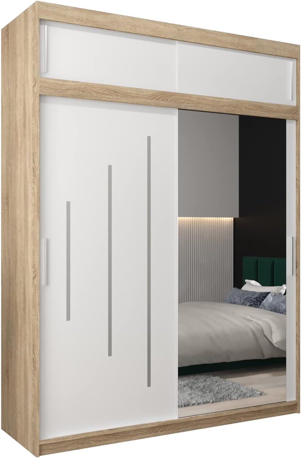 MEBLE KRYSPOL Kleiderschrank mit Spiegel York 2 - Garderobenschrank - Schrank Schlafzimmer - Mehrzweckschrank Zwei Schiebetüren - Regalen - Flur Möbel - Kleiderstange Schrank - Allzweckschrank