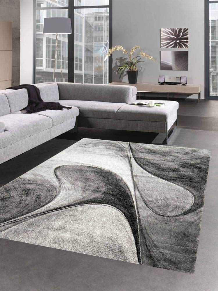 CARPETIA Modern Short Pile Living Room Rug Contour Cut Checked Abstract Grey Black White Turquoise Size 60 x 110 cm
