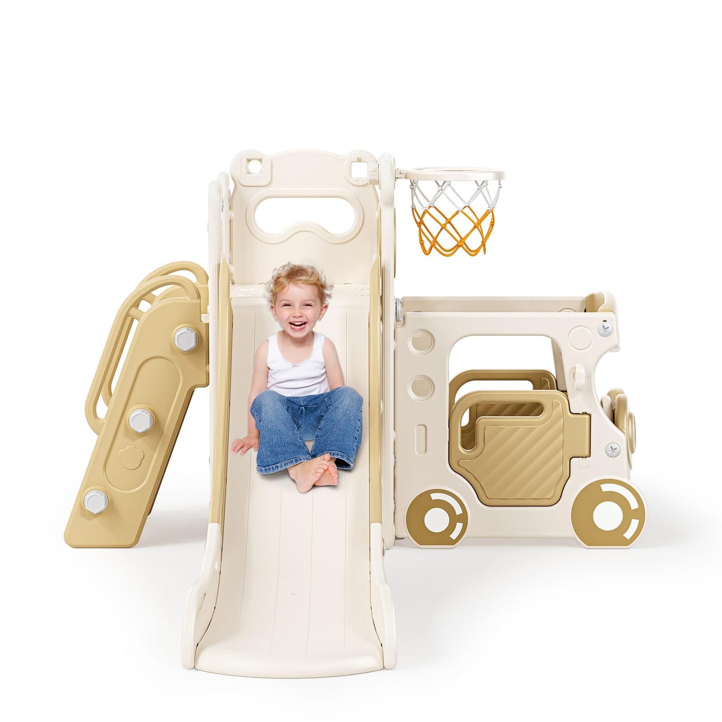 Krovtoy Kleinkindrutsche mit Weihnachtselch-Motiv, freistehende Kleinkindrutsche mit Golf-Set, Babyrutsche, Spielplatzgerät, für den Innen- und Außenbereich (Grau Beige - 6 in 1)