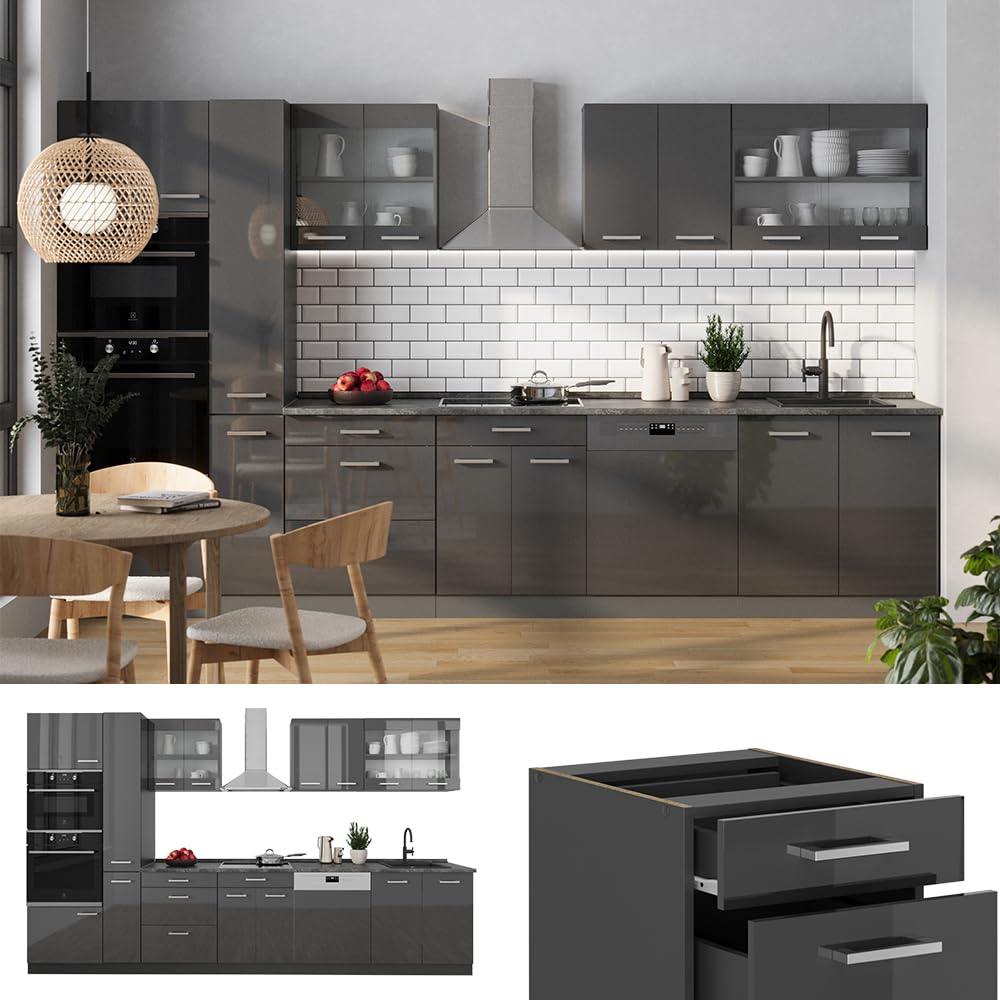 Vicco R-Line Fitted Kitchen Cabinets Anthracite Kitchen Furniture (Anthracite / White High Gloss, MUS 350 cm)