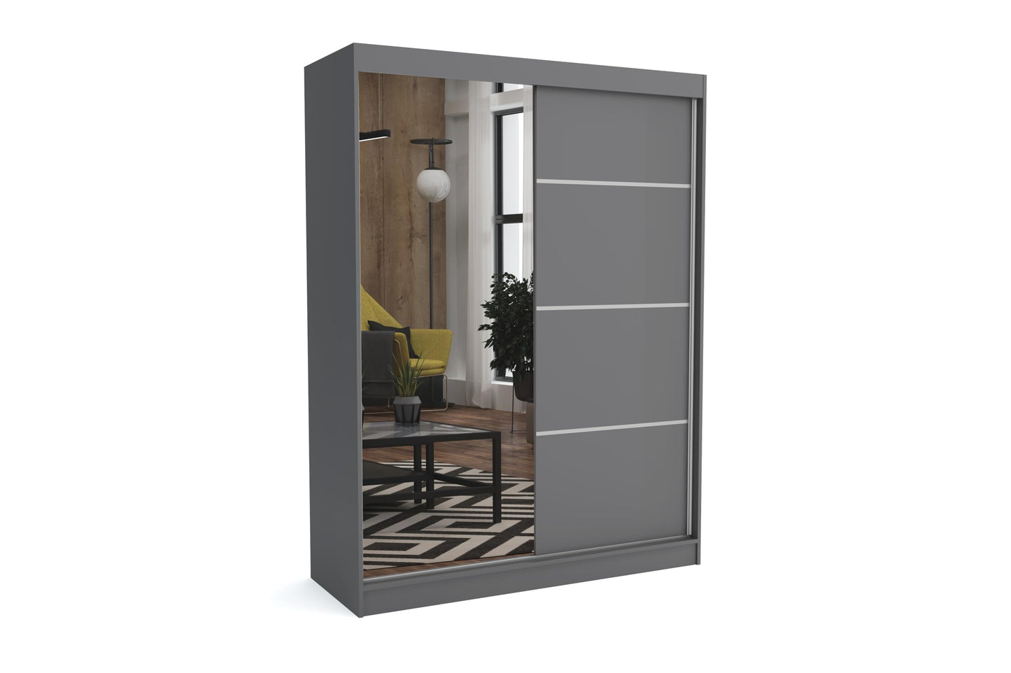 Brent - Tom Wardrobe with Mirror, 160 cm Wide, Bedroom Wardrobe with 1 Clothes Rail and Shelves for Clothes, Wardrobe Grey