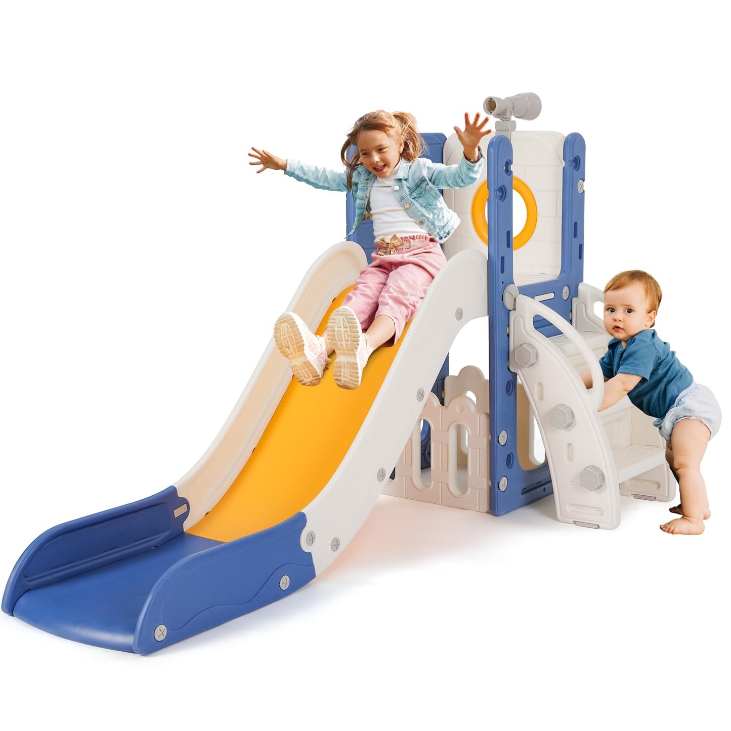 Kinderrutsche, für 1-3 Jahre, Indoor & Outdoor Rutsche ab 1 Jahre, Freistehende Rutsche mit Stauraum & Spielteleskope, Gartenrutsche, Kinder Spielplatz, mit 2PCS Moduls, Grün Grau