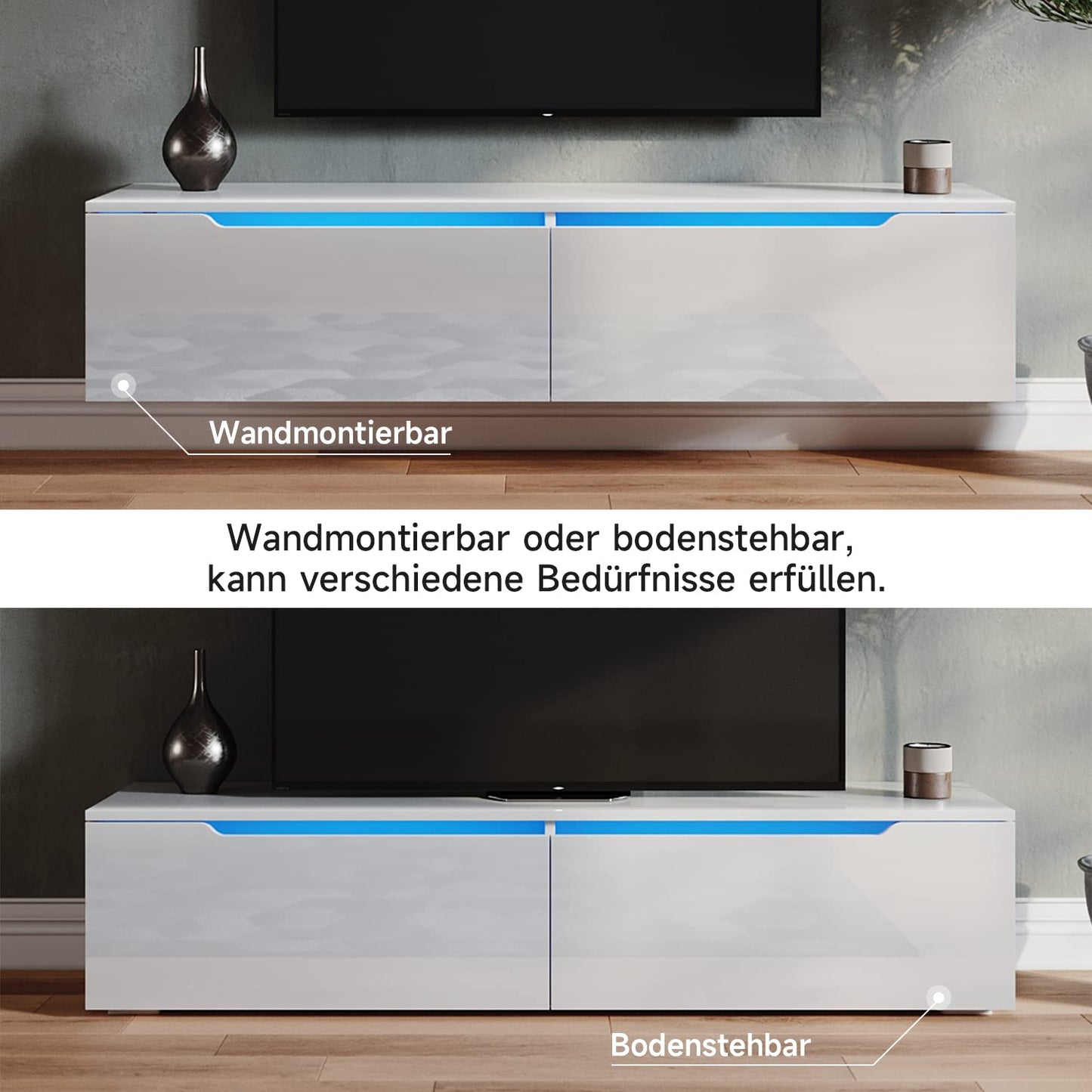 SONNI Modern TV Cabinet 180 cm, Lowboard High Gloss White with 16 Colours LED Lighting, Drawer, Open Glass Shelves, TV Stand for TVs up to 65 Inches, Living Room & Bedroom, 180 x 35 x 45 cm