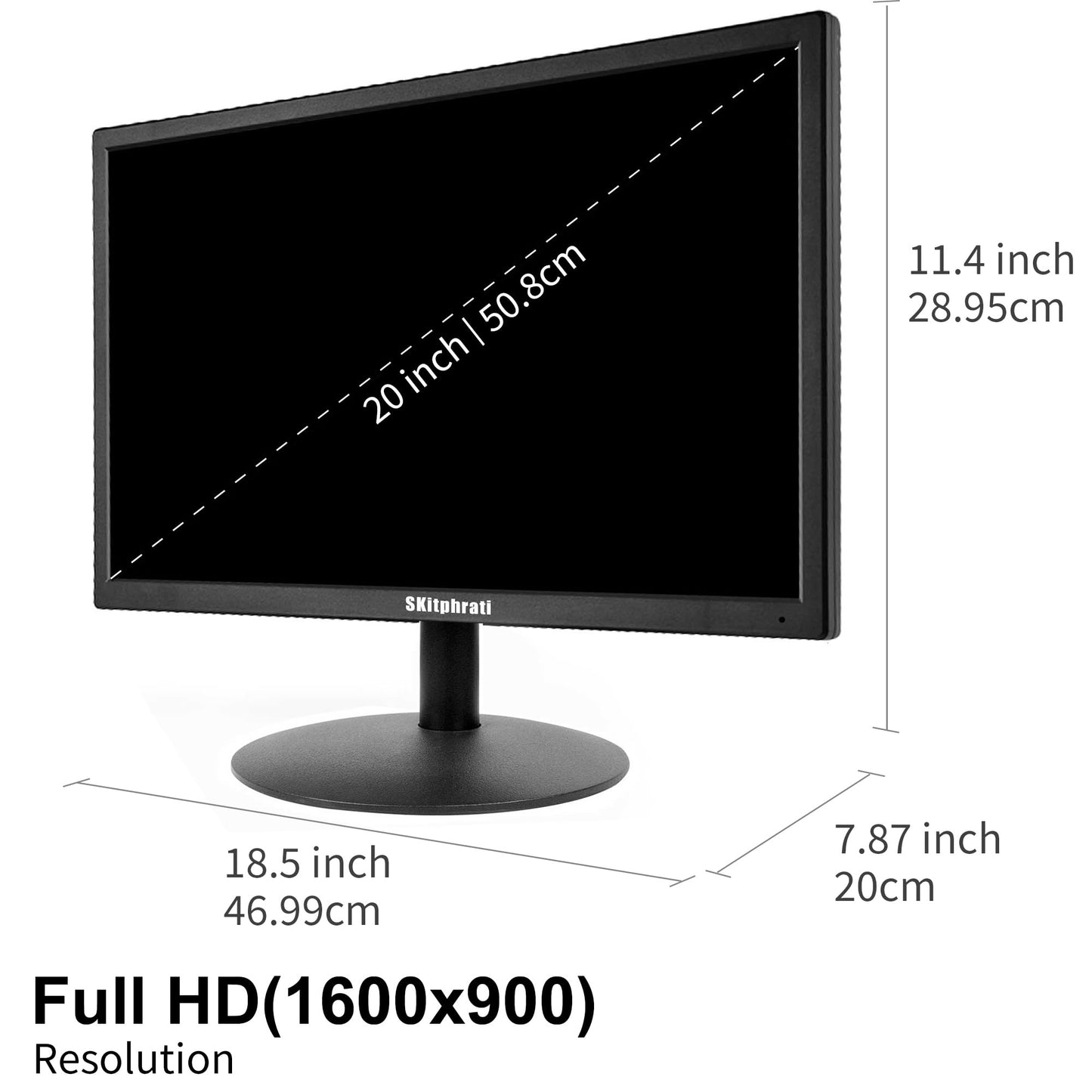 SKitphrati 20 Zoll Business Computer Monitor 1600x900 PC Monitor mit HDMI und VGA, 75 Hz, 250 nits, 16:9, Neigbar, VESA 75x75, PC Bildschirm, Schwarz