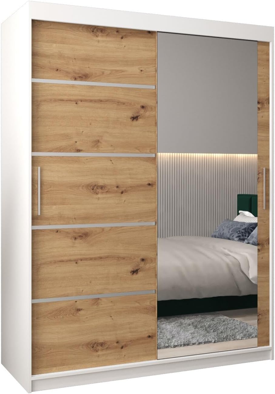 MEBLE KRYSPOL Kleiderschrank mit Spiegel Verona 2 - Garderobenschrank - Schrank Schlafzimmer - Mehrzweckschrank DREI Schiebetüren - Regalen - Flur Möbel - Kleiderstange Schrank - Allzweckschrank