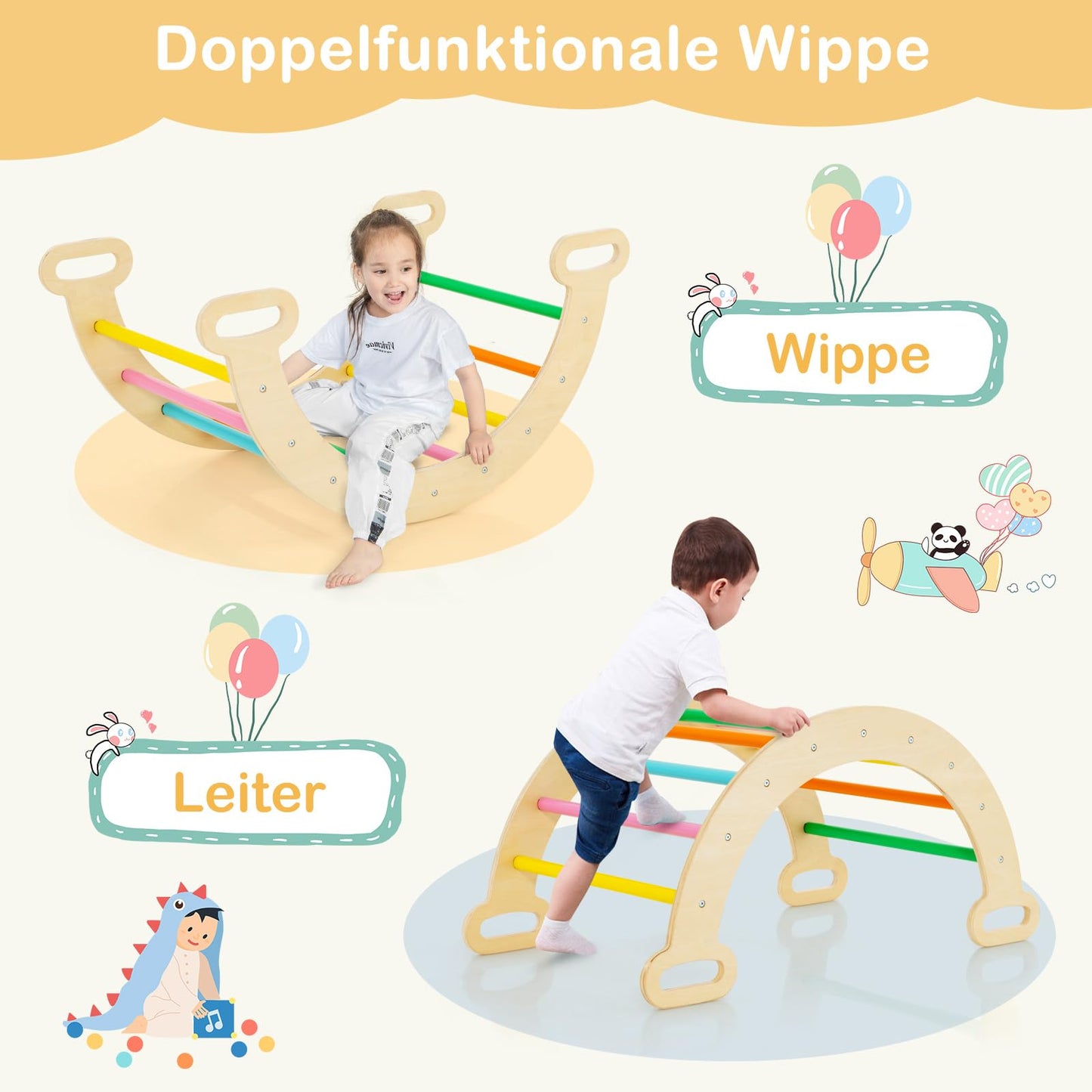 COSTWAY Kletterdreieck mit Rutsche, Kletterbogen, inkl. doppelseitige Rampe, zum Klettern, Rutschen und Wippen, 4 in 1 Klettergerüst Indoor ab 1 Jahr (Macaron bunt)