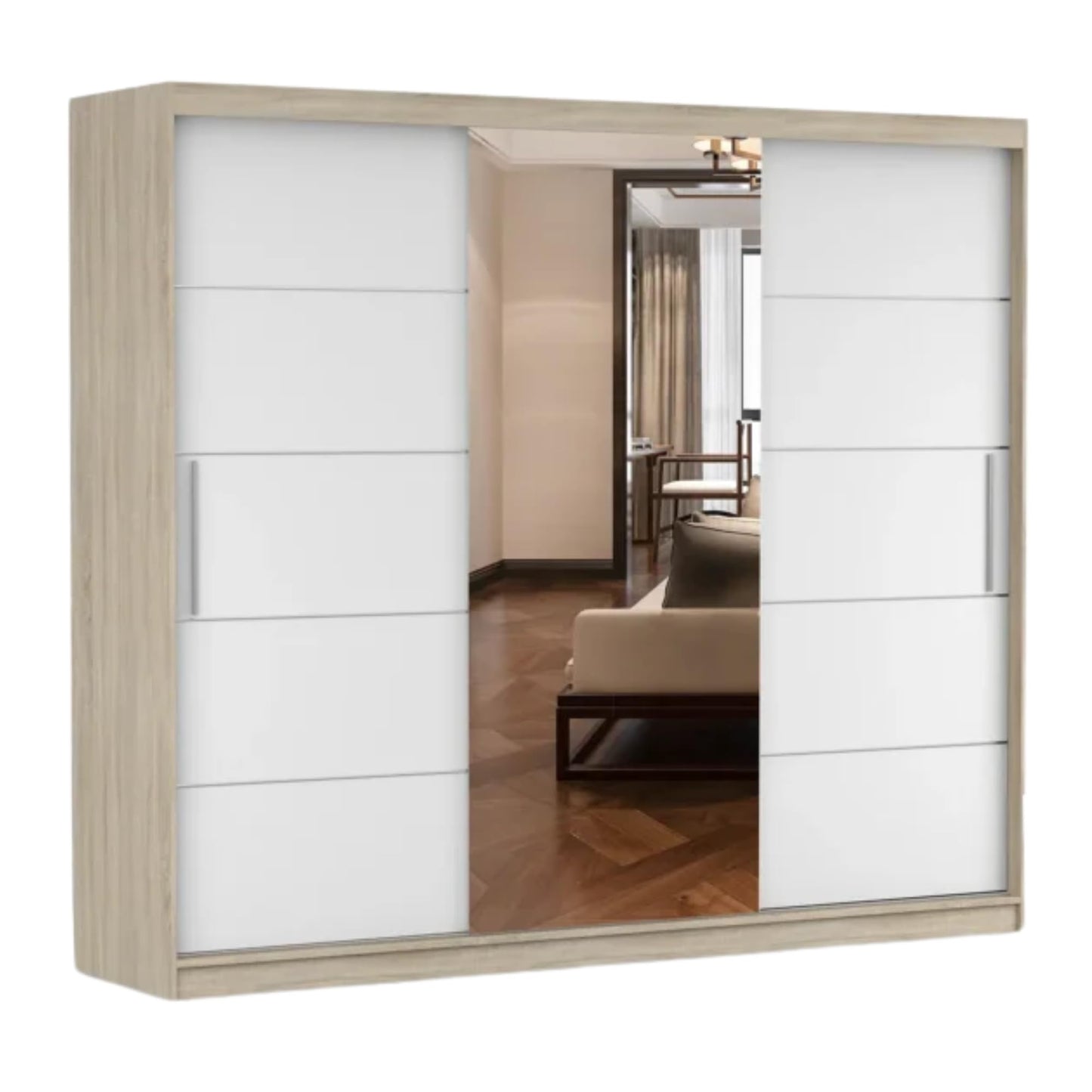 Fabryka Mebli Idźczak Kleiderschrank mit Spiegel, Schiebetüren - Weißer Schwebetürenschrank, Schlafzimmerschrank - 61 x 250 x 218 cm - Schrank für Schlafzimmer, Wohnzimmer, Garderobe