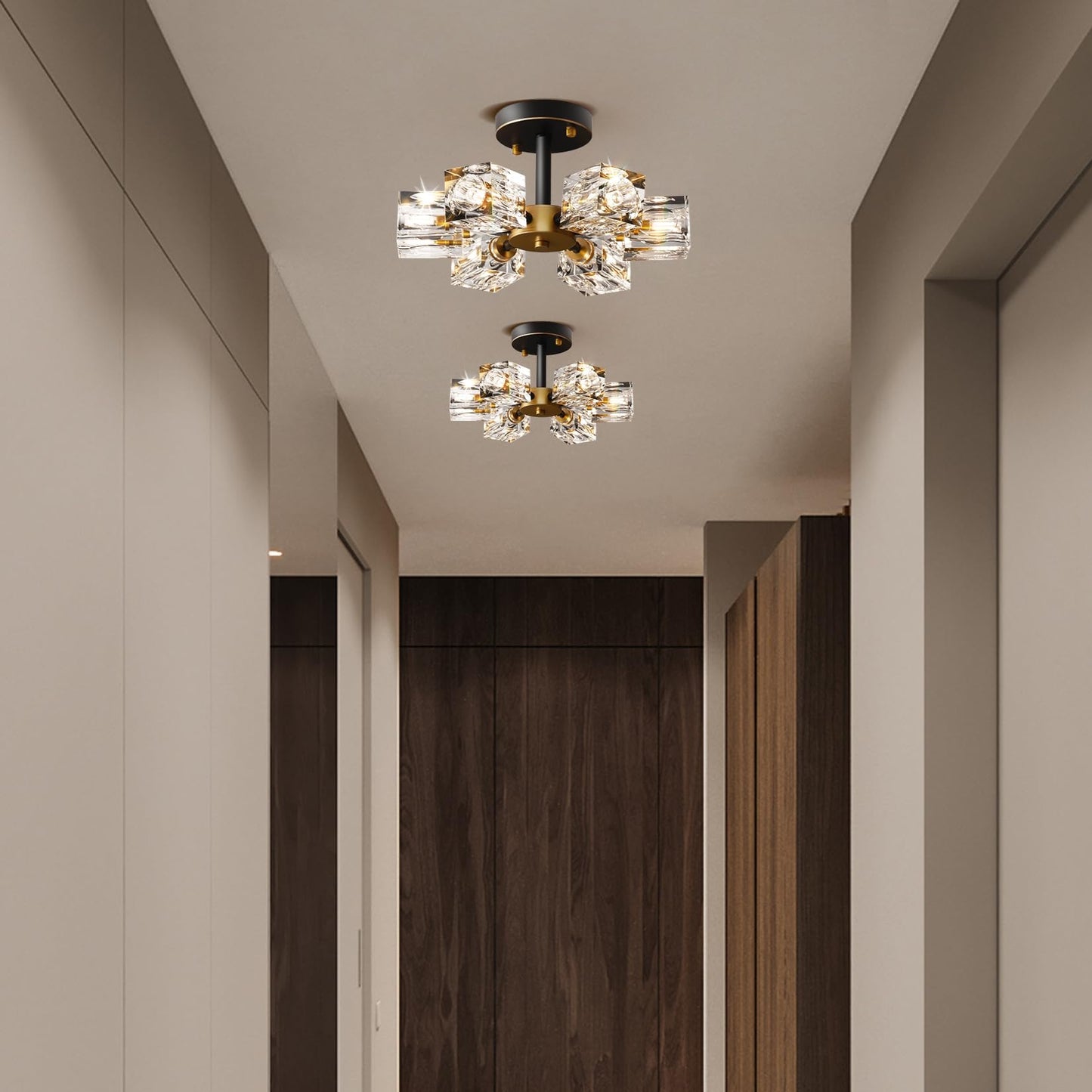 JUJUQI Moderne Kristall-Kronleuchter,Gold Hängeleuchte, K9 quadratischer Kristall Häengelampe mit 8 Lichtern,Würfel-Schirm, hängende Deckenleuchte für Esszimmer, Schlafzimmer, Wohnzimmer