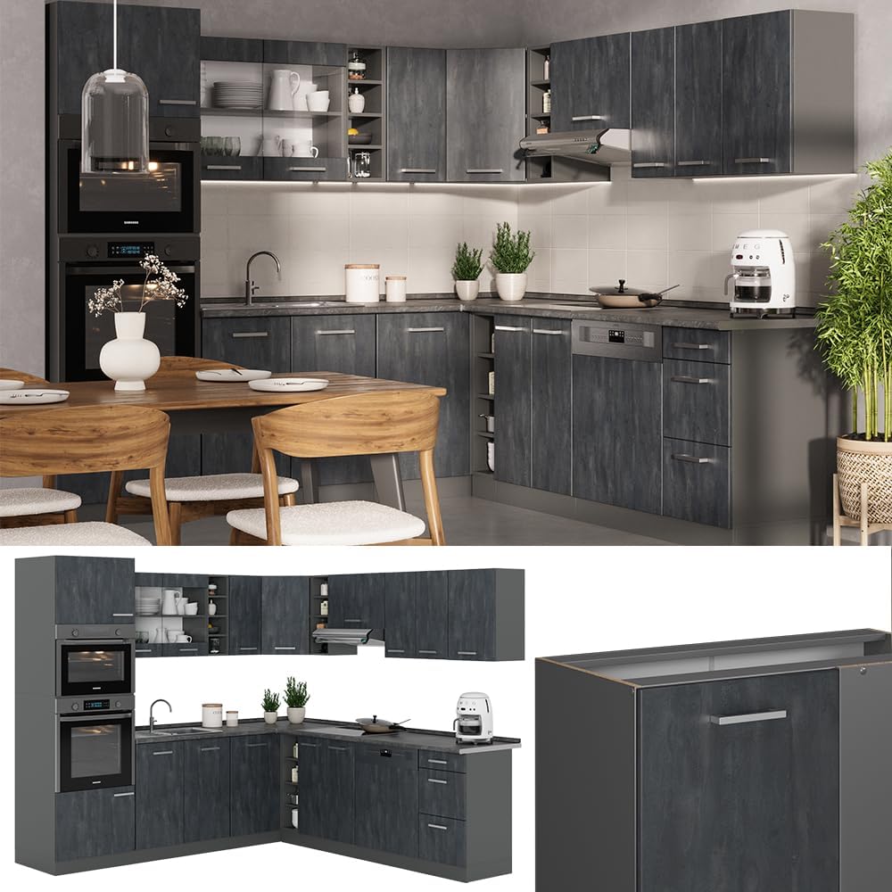 Vicco R-Line Fitted Kitchen Cabinets Anthracite Kitchen Furniture (Anthracite / White High Gloss, Corner 247 x 237 cm)