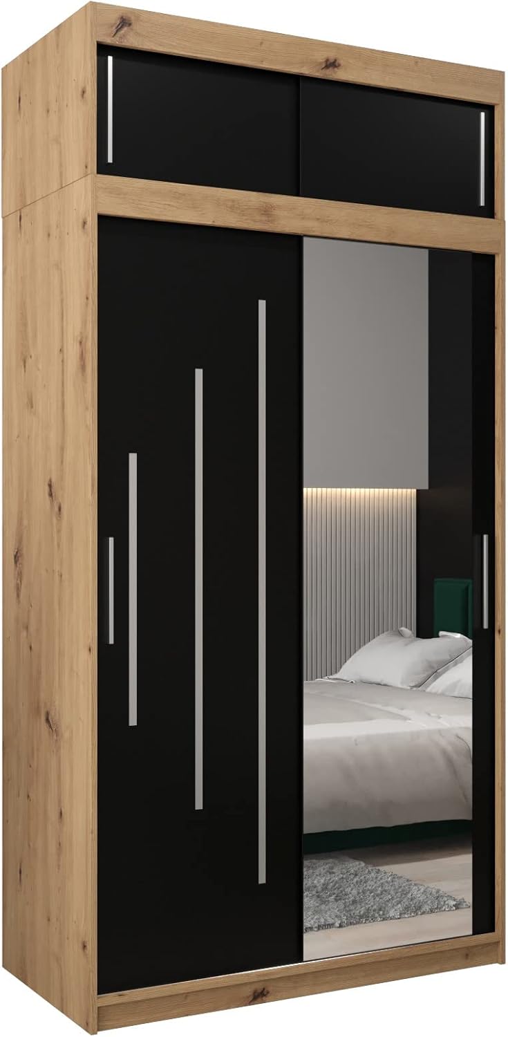 MEBLE KRYSPOL Kleiderschrank mit Spiegel York 2 - Garderobenschrank - Schrank Schlafzimmer - Mehrzweckschrank Zwei Schiebetüren - Regalen - Flur Möbel - Kleiderstange Schrank - Allzweckschrank