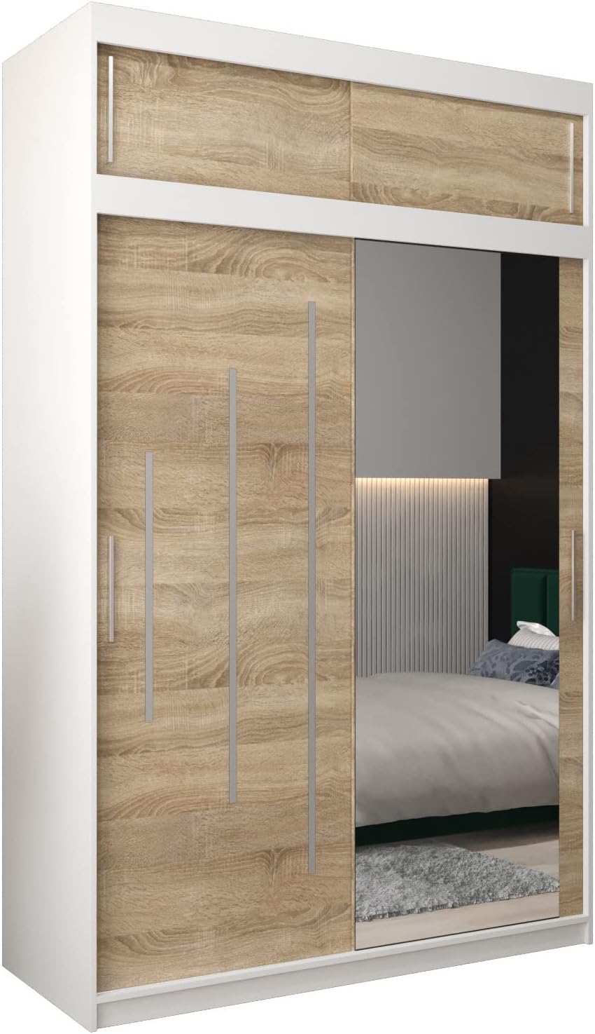 MEBLE KRYSPOL Kleiderschrank mit Spiegel York 2 - Garderobenschrank - Schrank Schlafzimmer - Mehrzweckschrank Zwei Schiebetüren - Regalen - Flur Möbel - Kleiderstange Schrank - Allzweckschrank