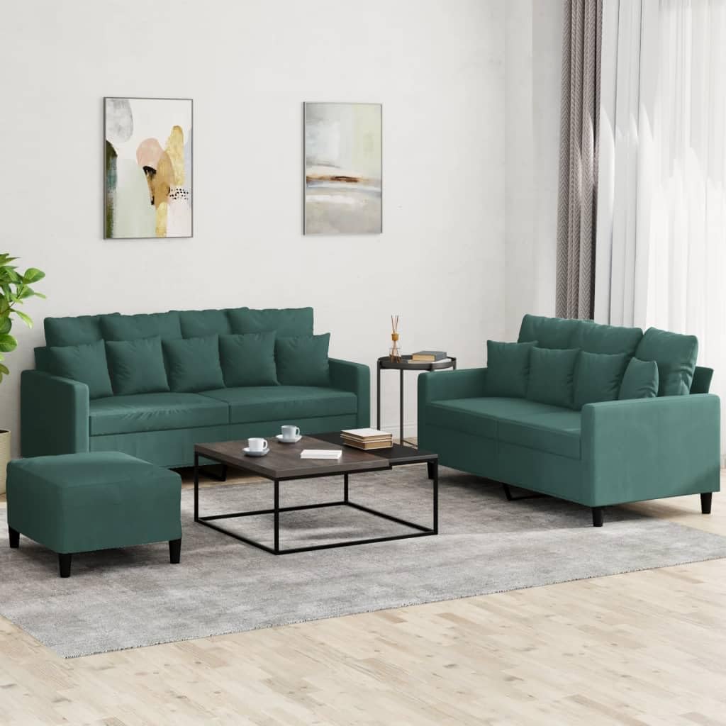 Willood 3-TLG. Sofagarnitur mit Kissen Dunkelgrau Samt,Sofa geeignet für Wohnzimmer, Sofa Set, mit Armlehnen und Kissen
