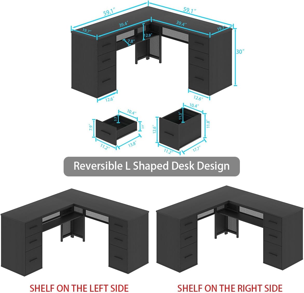 HSH - Black L Shape Corner Desk with Filing Drawers and Shelves, Reversible Corner Desk Made of Metal and Wood with Storage Cabinets