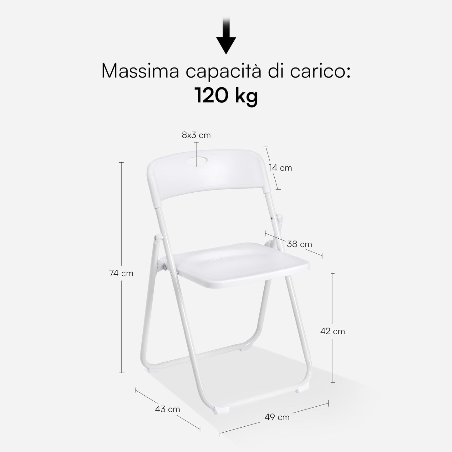 Baroni Home Klappstuhl mit PVC- und Stahlgestell, platzsparender zusammenklappbarer Sitz mit Füßen und Griff, Outdoor-Stuhl, Küche, Wohnzimmer, Reisen, 74x43x49 cm, 8 Stücke, Weiß