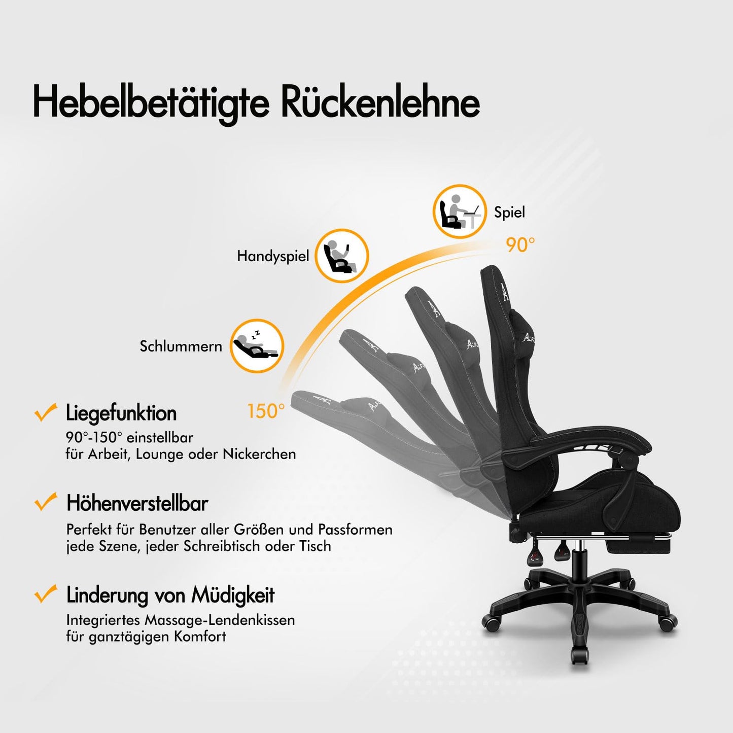 ALFORDSON Gaming-Stuhl mit Massage-Lendenwirbelkissen, ergonomischer Gamer-Racer-Stuhl mit Verstellbarer Rückenlehne, Drehstuhl mit Fußstütze, höhenverstellbar, Schwarz