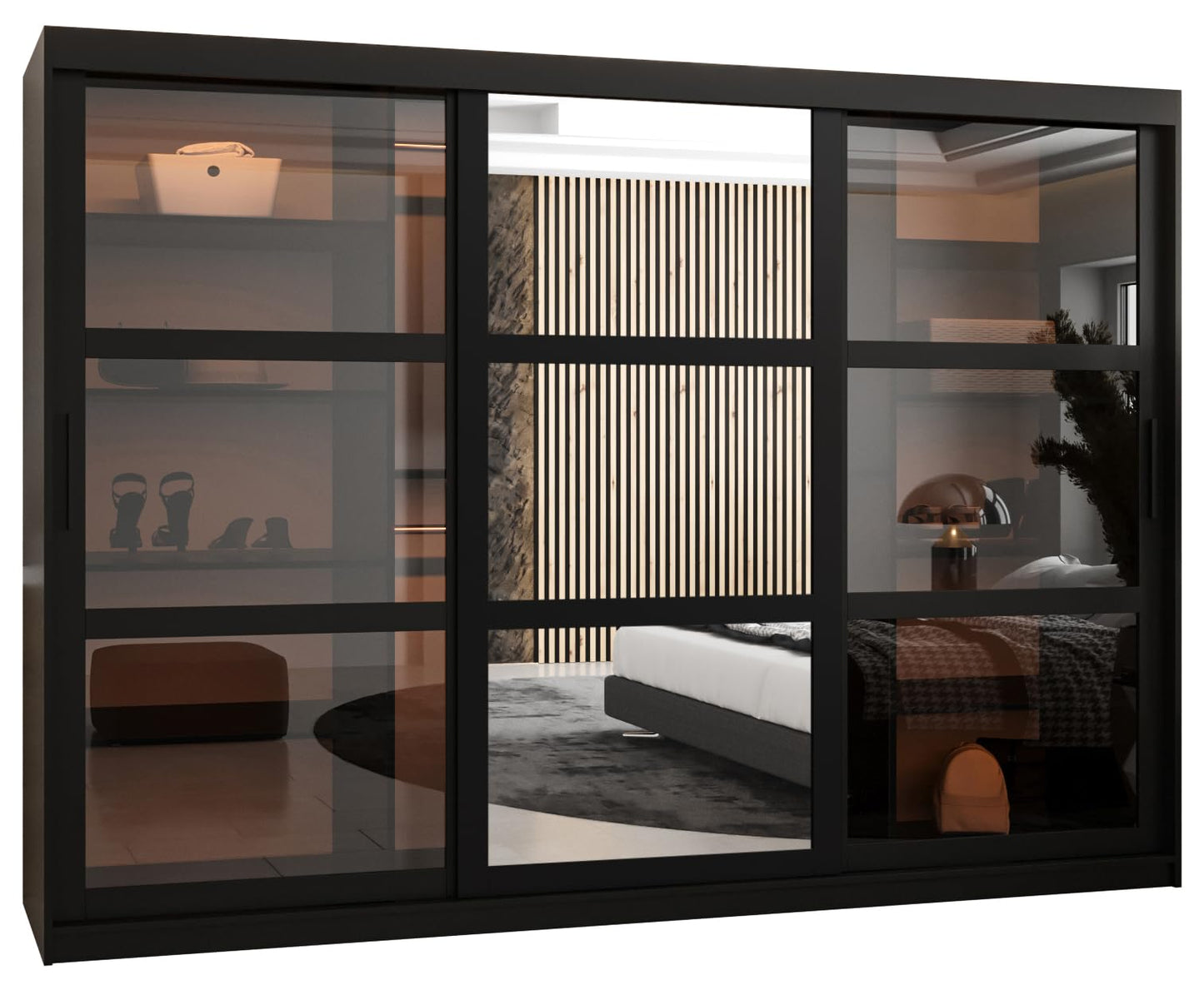 MEBLE KRYSPOL Dome 2 Schrank mit DREI Schiebetüren mit Spiegel, Stangen und Regalen - Aufbewahrungsschrank mit Rauchglas für Schlafzimmer, Wohnzimmer - 200x250x62cm - Schwarz, Schwarz, Schwarz