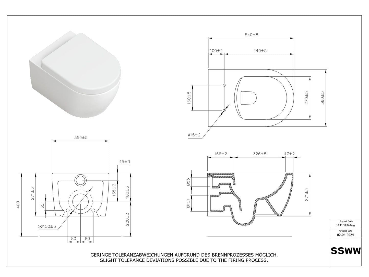 SSWW | Spülrandlose Toilette mit Softclose Toilettendeckel, Hänge-WC aus Keramik, Wand-WC, Tiefspüler | 54 cm lang
