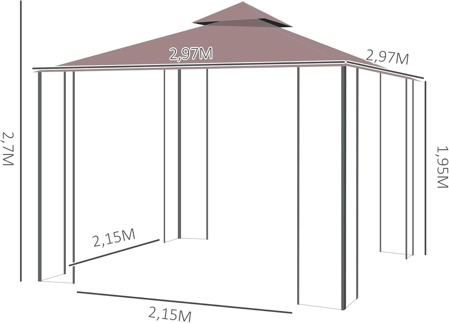 Outsunny Pavillon Gartenpavillon mit Moskitonetze Seitenwände, Partyzelt mit Doppeldach, Gartenzelt Festzelt 2,97x2,97m
