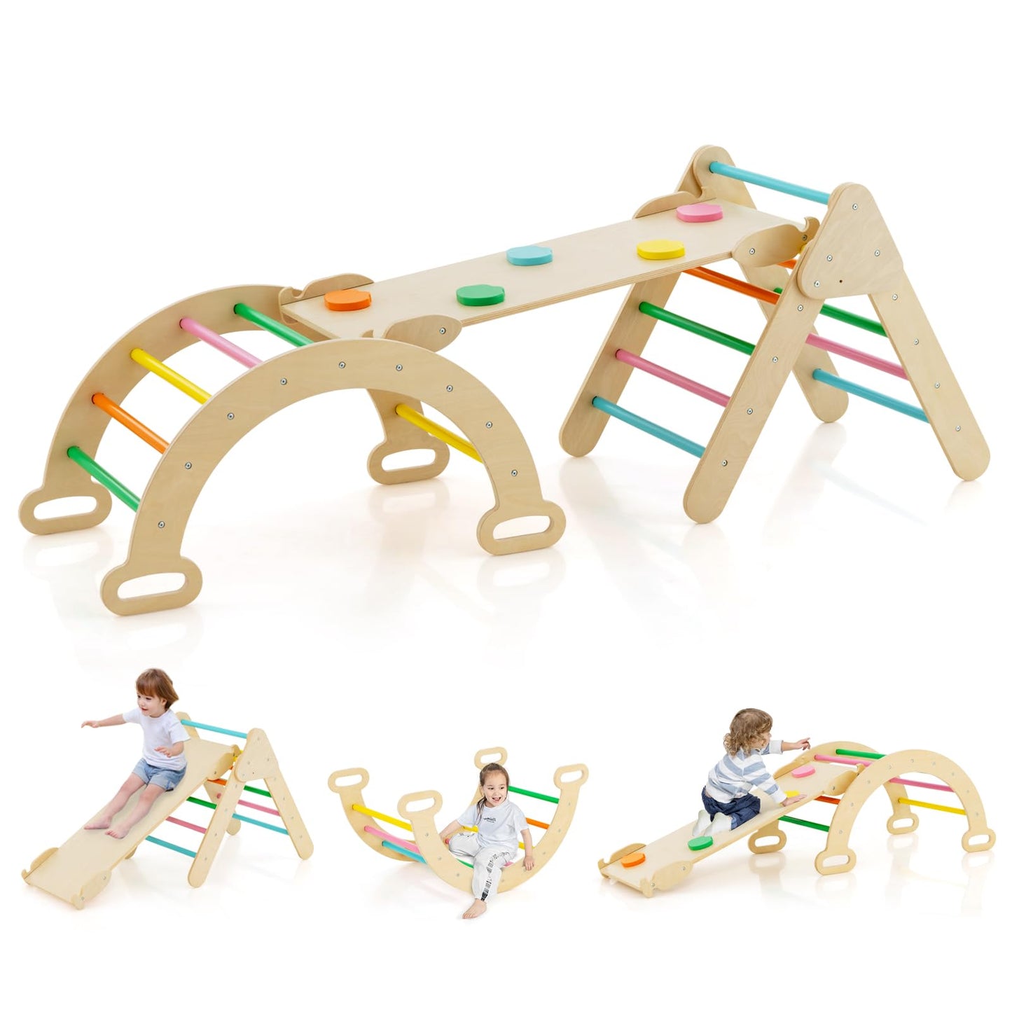 COSTWAY Kletterdreieck mit Rutsche, Kletterbogen, inkl. doppelseitige Rampe, zum Klettern, Rutschen und Wippen, 4 in 1 Klettergerüst Indoor ab 1 Jahr (Macaron bunt)