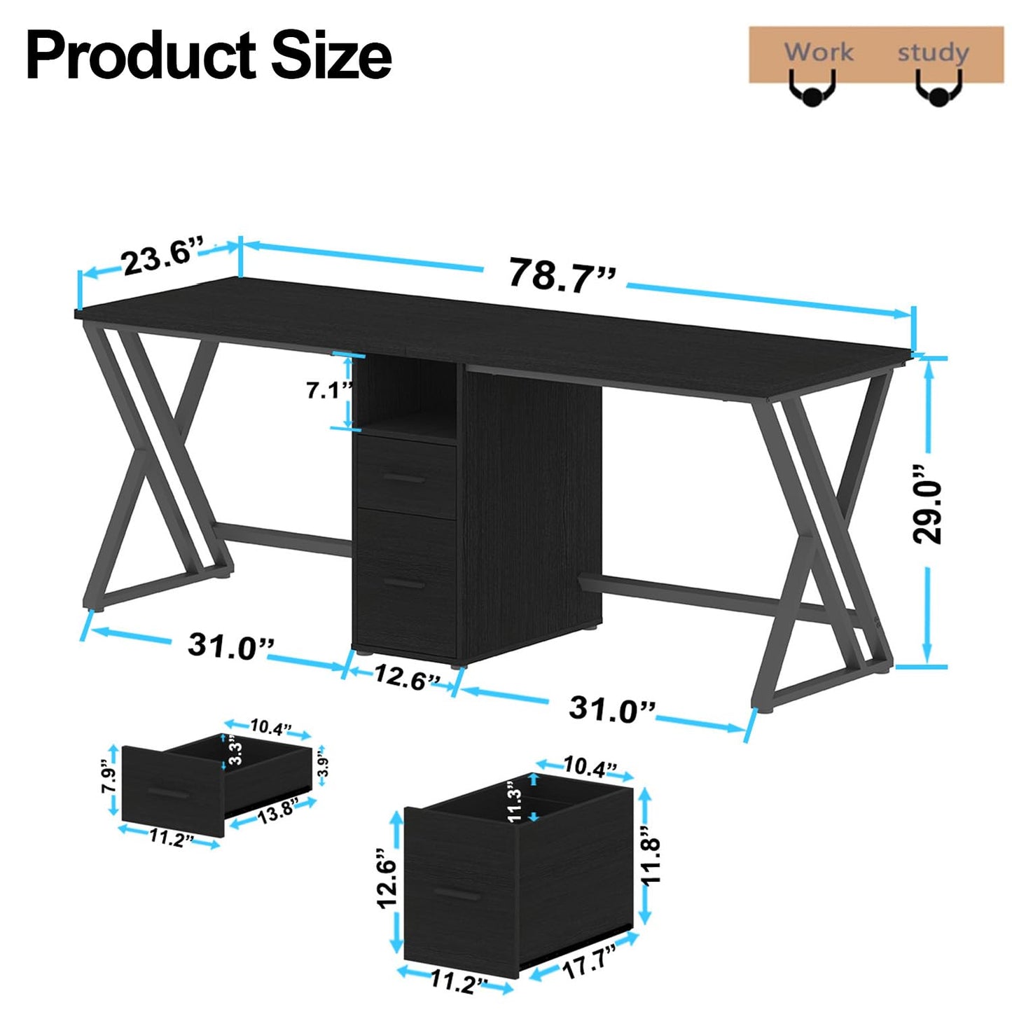 LVB Schwarz Large Double Industrial Computer-Schreibtisch mit Schubladen, Extra Lange Gaming-Tabelle mit Lagerung Schrank Regale, Holz-Metall-Computer-Schreibtisch