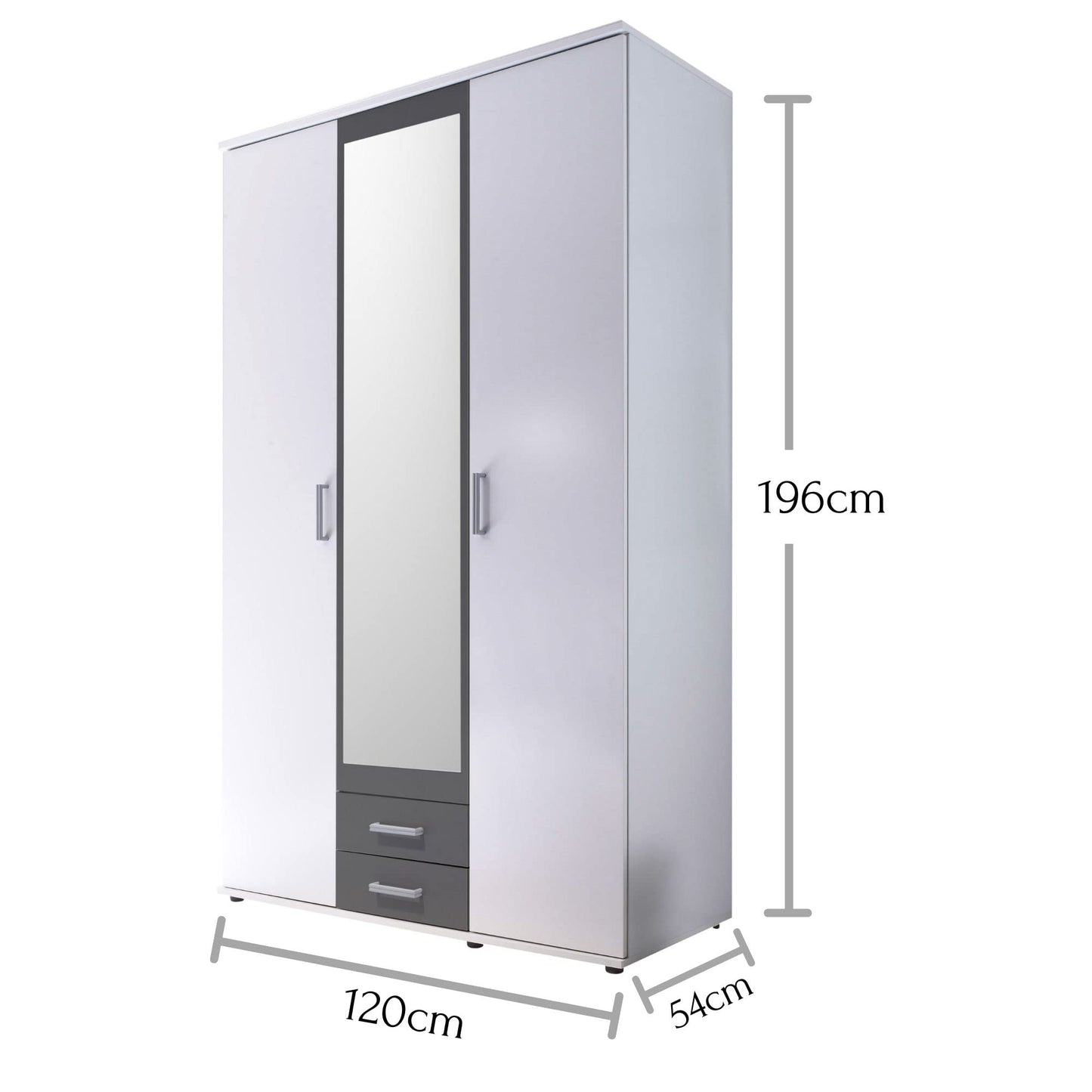 Stella Trading HANAU Wardrobe with Mirror Door in White, Graphite, Versatile Hinged Door Cupboard, 4 Doors for Your Bedroom, 160 x 196 x 54 cm (W x H x D)