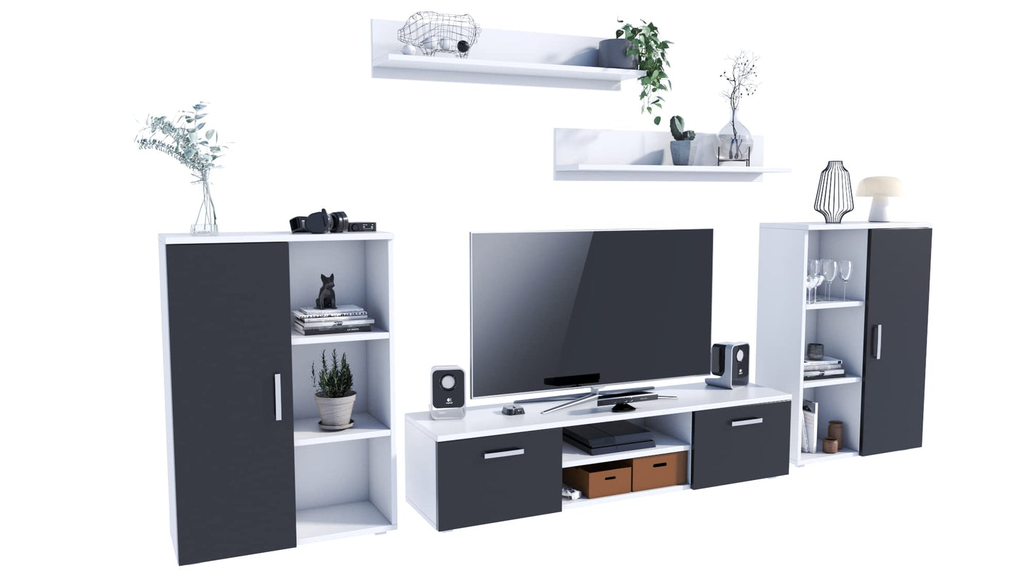 MATKAM Herkules II Wall Unit, Modern Living Room Cabinet with TV Table, Sideboard and Wall Shelf, Living Room Complete Furniture (White/Black)