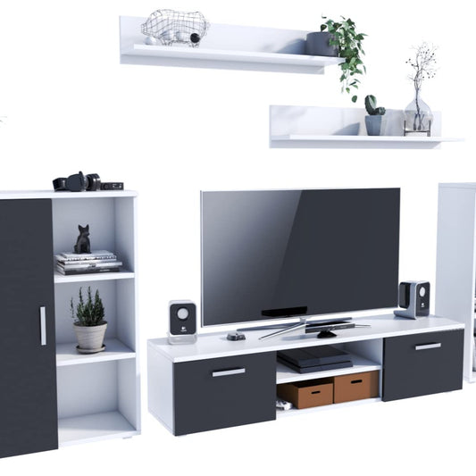MATKAM Herkules II Wall Unit, Modern Living Room Cabinet with TV Table, Sideboard and Wall Shelf, Living Room Complete Furniture (White/Black)