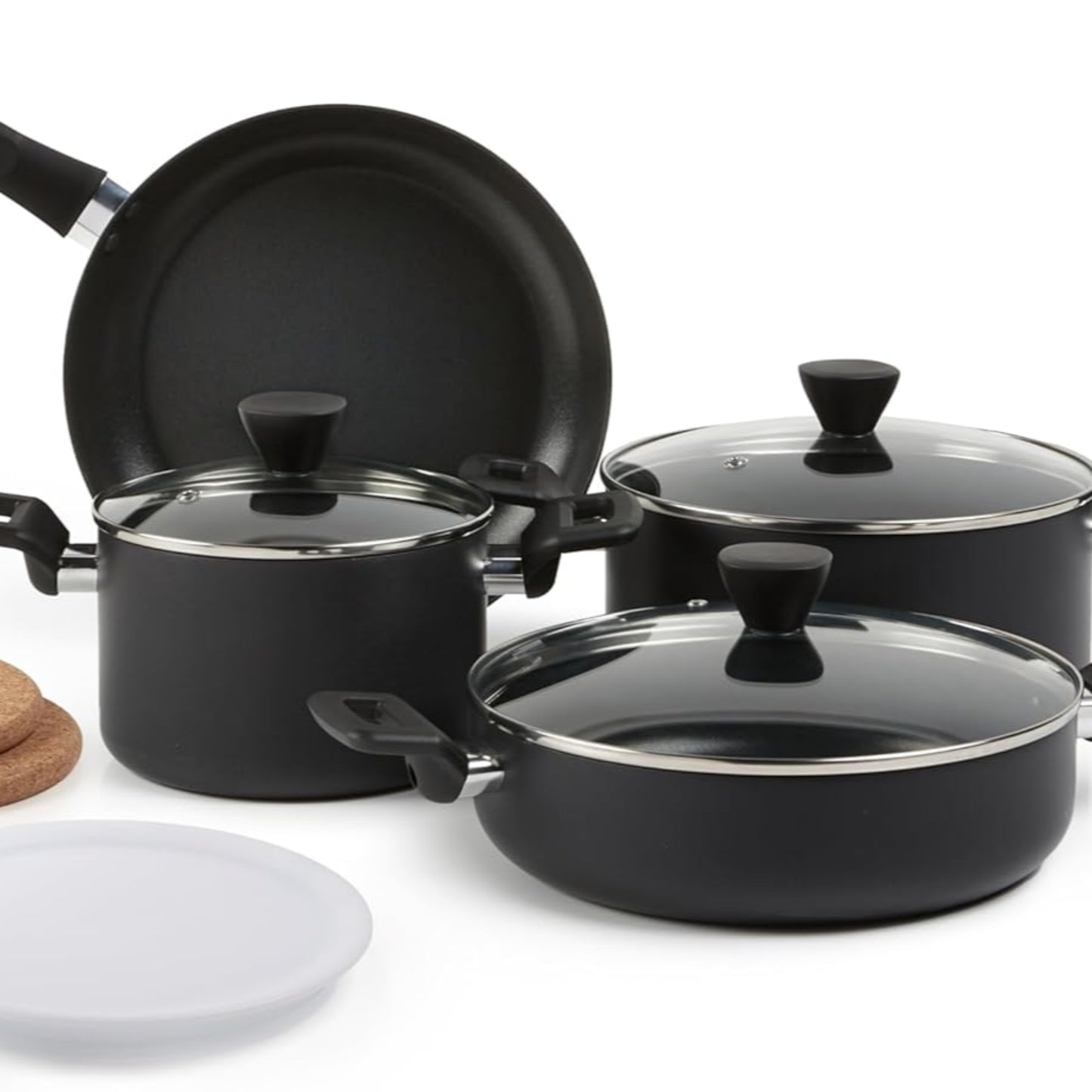 Amazon Basics 10-teilig Harteloxiertes, antihaftbeschichtetes, stapelbares Kochgeschirr-Set mit Töpfen und Pfannen platzsparend, PFOA-frei, Schwarz