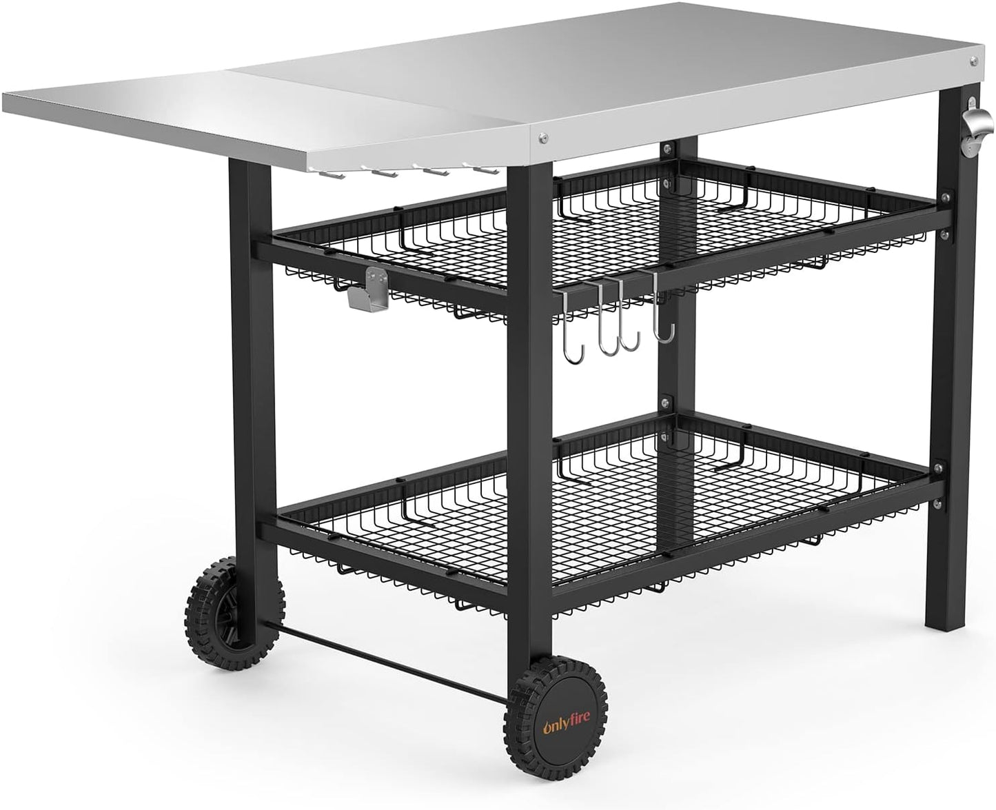 Onlyfire Barbecue Trolley, Stainless Steel Grill Table with Large Work Surface and Side Table, Grill Side Table, Outdoor Grill Table, Outdoor Serving Trolley, Outdoor Garden Trolley for Outdoor,