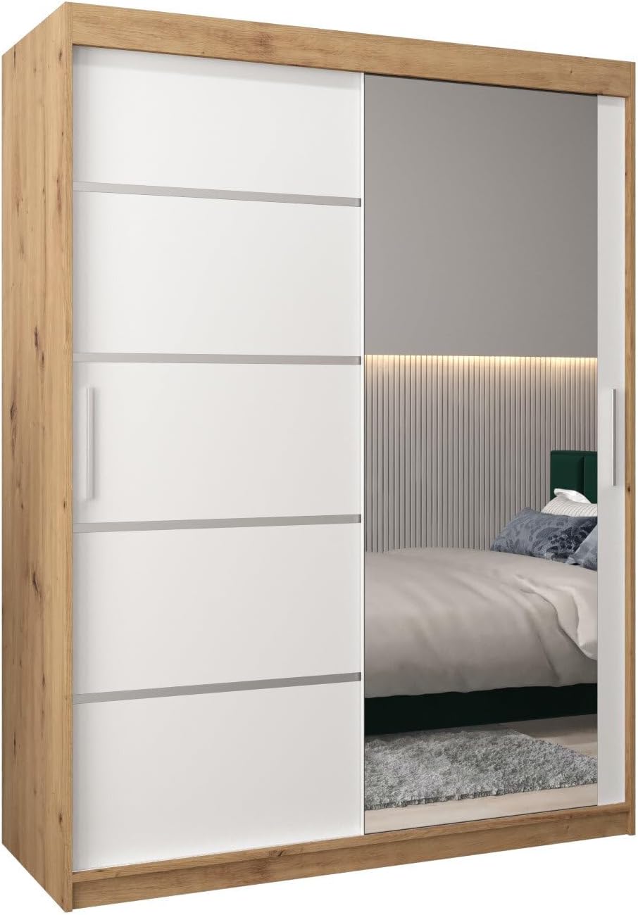 MEBLE KRYSPOL Kleiderschrank mit Spiegel Verona 2 - Garderobenschrank - Schrank Schlafzimmer - Mehrzweckschrank DREI Schiebetüren - Regalen - Flur Möbel - Kleiderstange Schrank - Allzweckschrank
