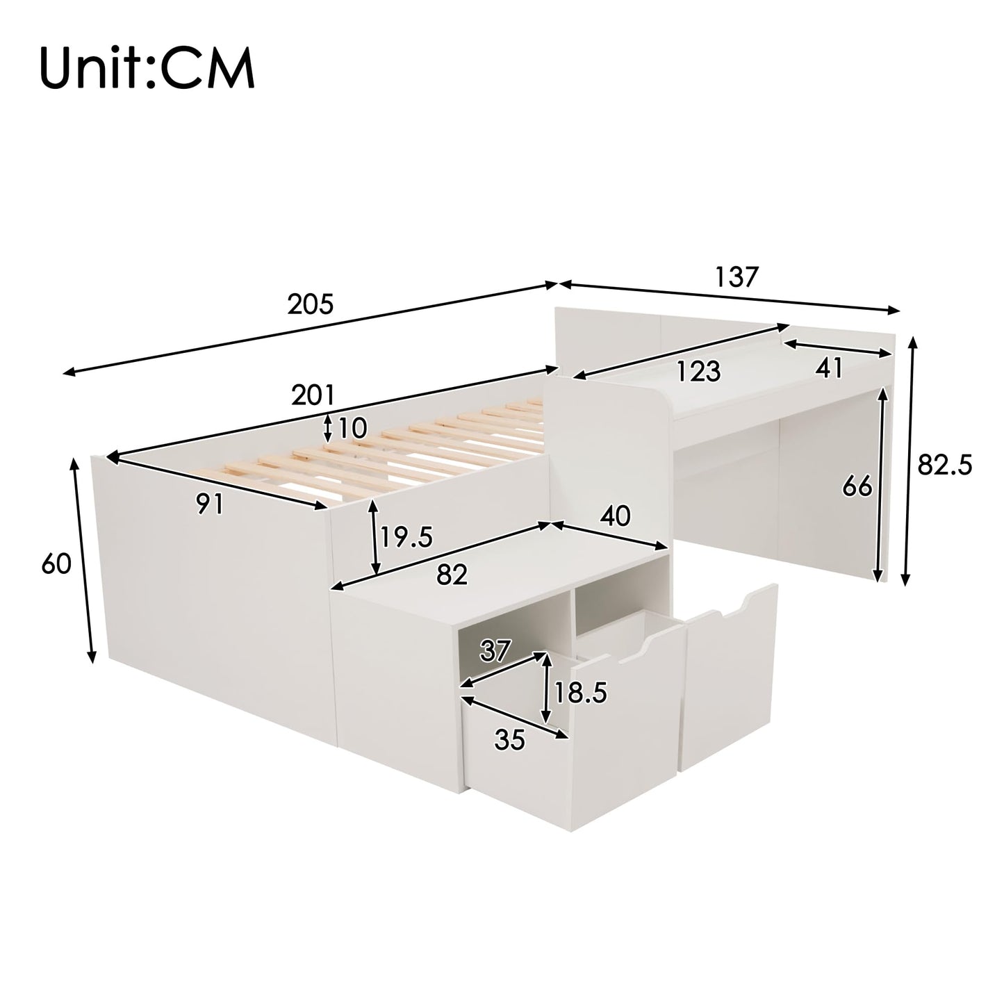 RIAZOS Kinderbett Holzbett 90x200 cm, Massiveholz Einzelbett mit Schreibtisch und Schubladen, Stauraumbett mit Lattenrost, für Jungen & Mädchen, ohne Matratze, Weiß