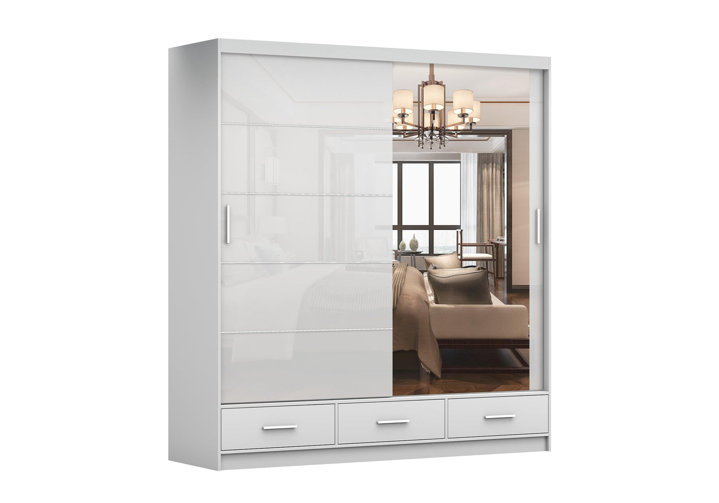 Fabryka Mebli Idźczak Kleiderschrank mit Spiegel weiß - Schwebetürenschrank - Schlafzimmerschrank - 61 x 250 x 218 cm - Wohnzimmerschrank - Garderobenschrank, Schrank mit 2 Türen, 4 Schubladen