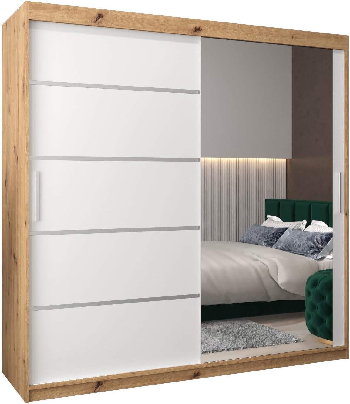 MEBLE KRYSPOL Kleiderschrank mit Spiegel Verona 2 - Garderobenschrank - Schrank Schlafzimmer - Mehrzweckschrank DREI Schiebetüren - Regalen - Flur Möbel - Kleiderstange Schrank - Allzweckschrank