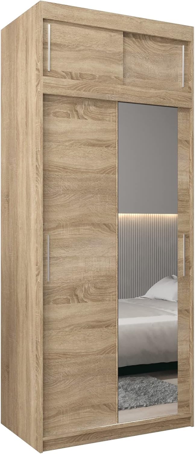 MEBLE KRYSPOL Kleiderschrank mit Spiegel Tokyo 2 - Garderobenschrank - Schrank Schlafzimmer - Mehrzweckschrank DREI Schiebetüren - Regalen - Flur Möbel - Kleiderstange Schrank - Allzweckschrank