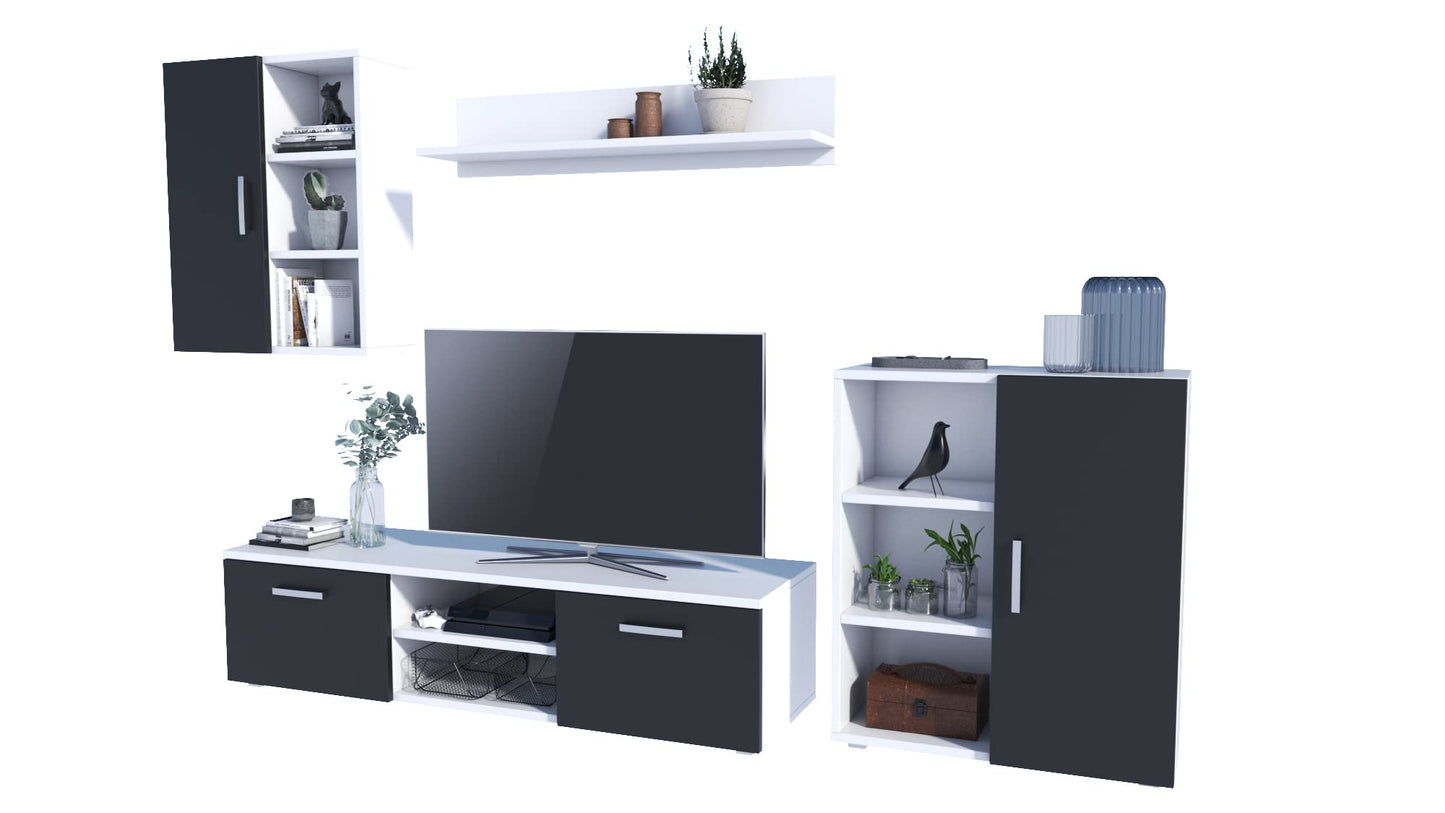 MATKAM Dedal Living Room Wall Unit Modern Living Room Cabinet with TV Table Complete Furniture (White)