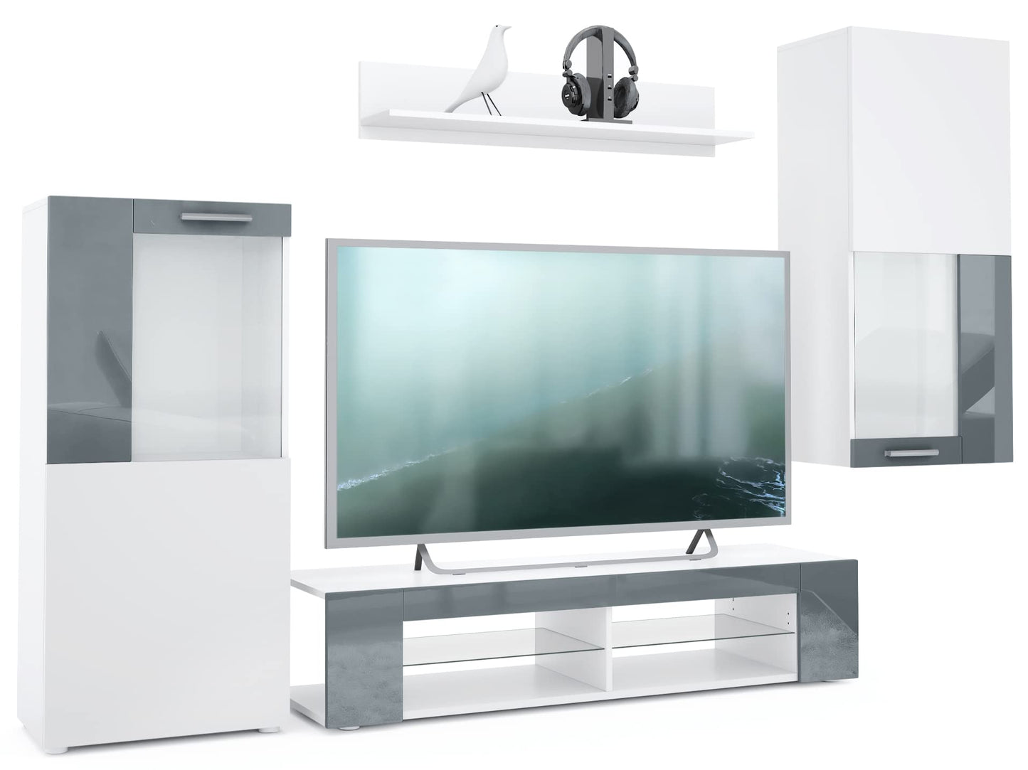 Vladon Wohnwand Movie, Anbauwand bestehend aus 1 TV-Board, 2 Vitrinen und 1 Regal, Weiß matt/Weiß matt/Weiß Hochglanz (Gesamt: 300 x 190 x 39 cm)